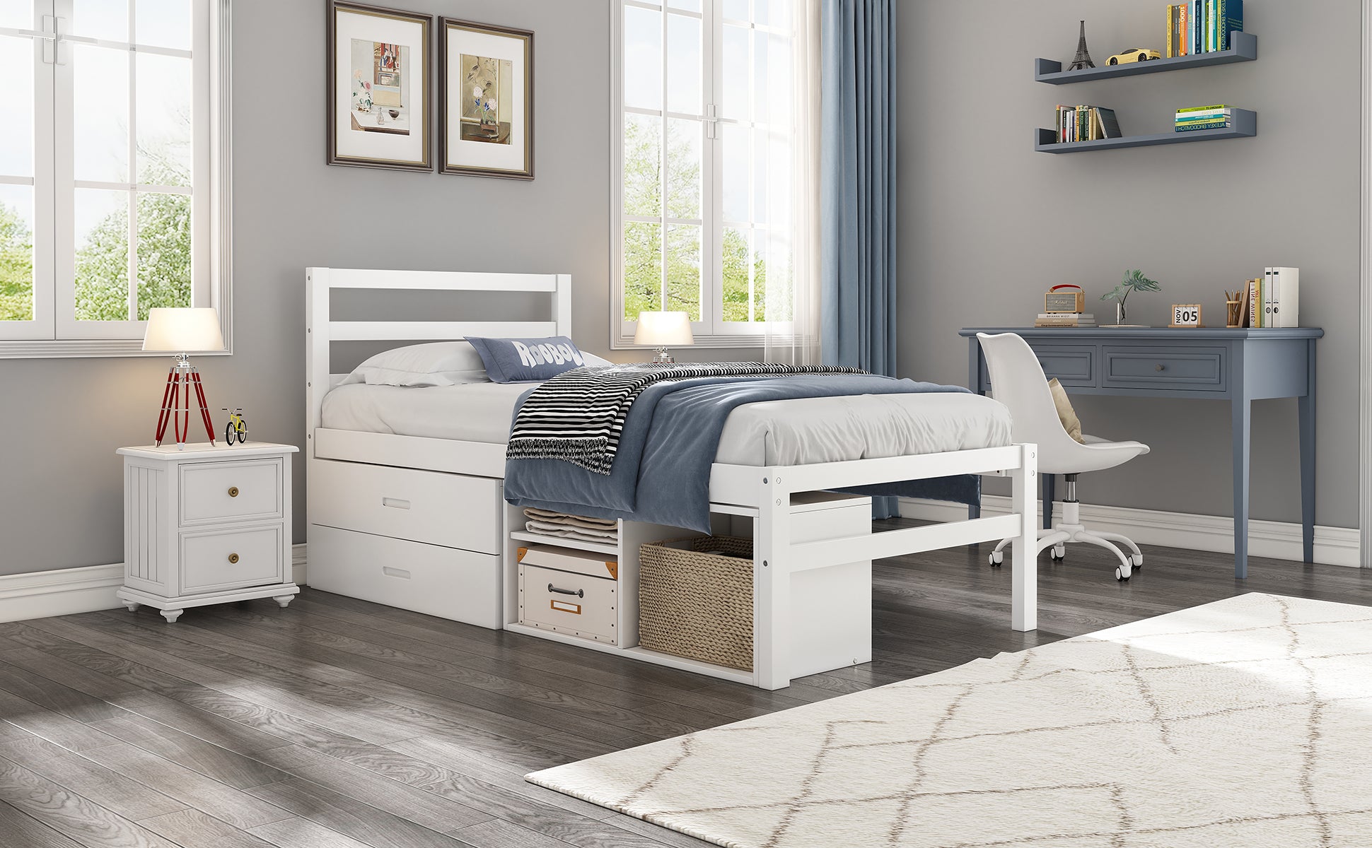 Twin Size Wood Platform Bed With Removable Storage Shelves, Built In Two Storage Drawers For Added Convenience, White Twin White Wood