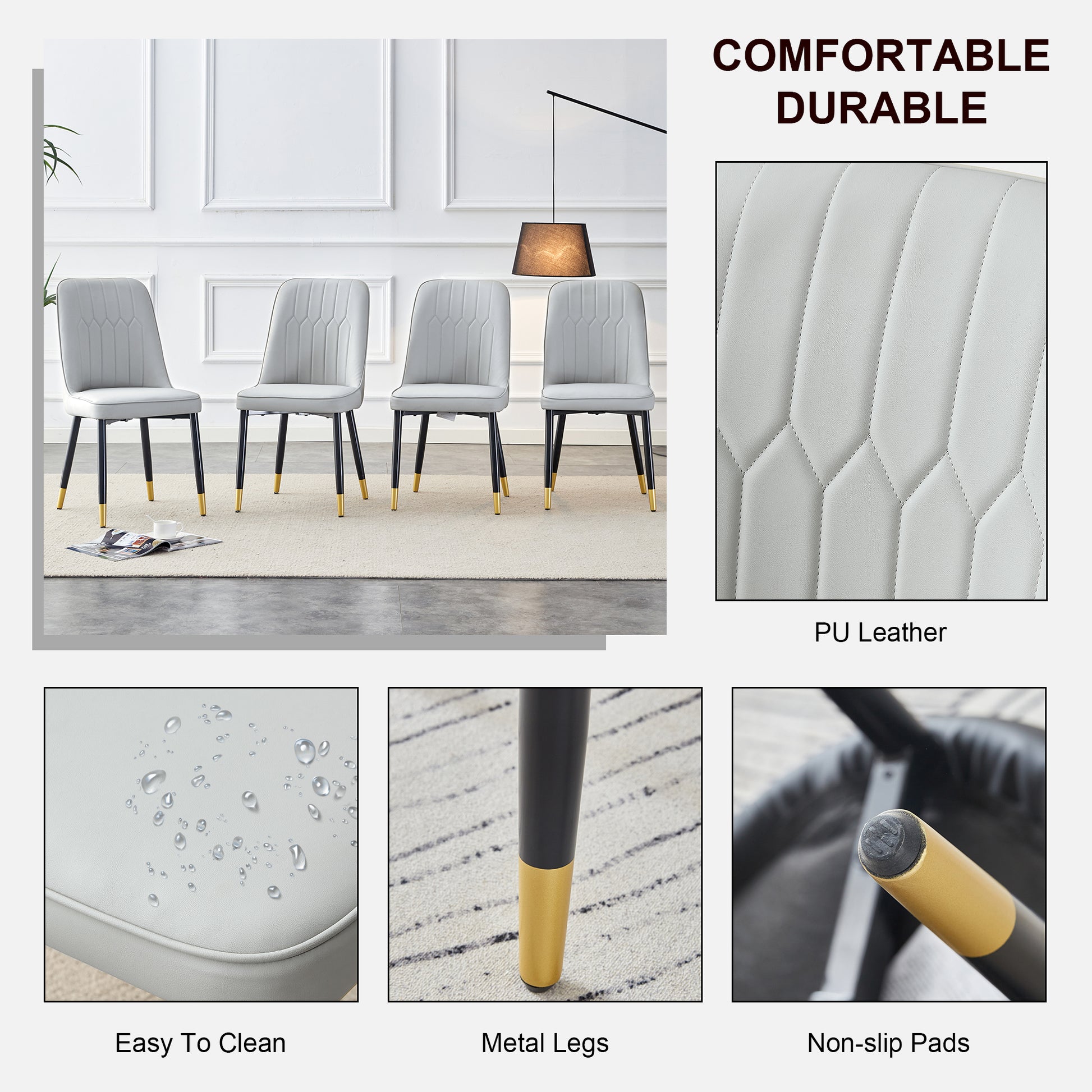 Table And Chair Set.The Table Has A Glass Top With Imitation Marble Pattern Stickers And Stainless Steel Golden Legs. Paried With Chairs With Pu Artificial Leather Backrest Cushions And Black Legs. Black Gold Seats 6 Glass Metal