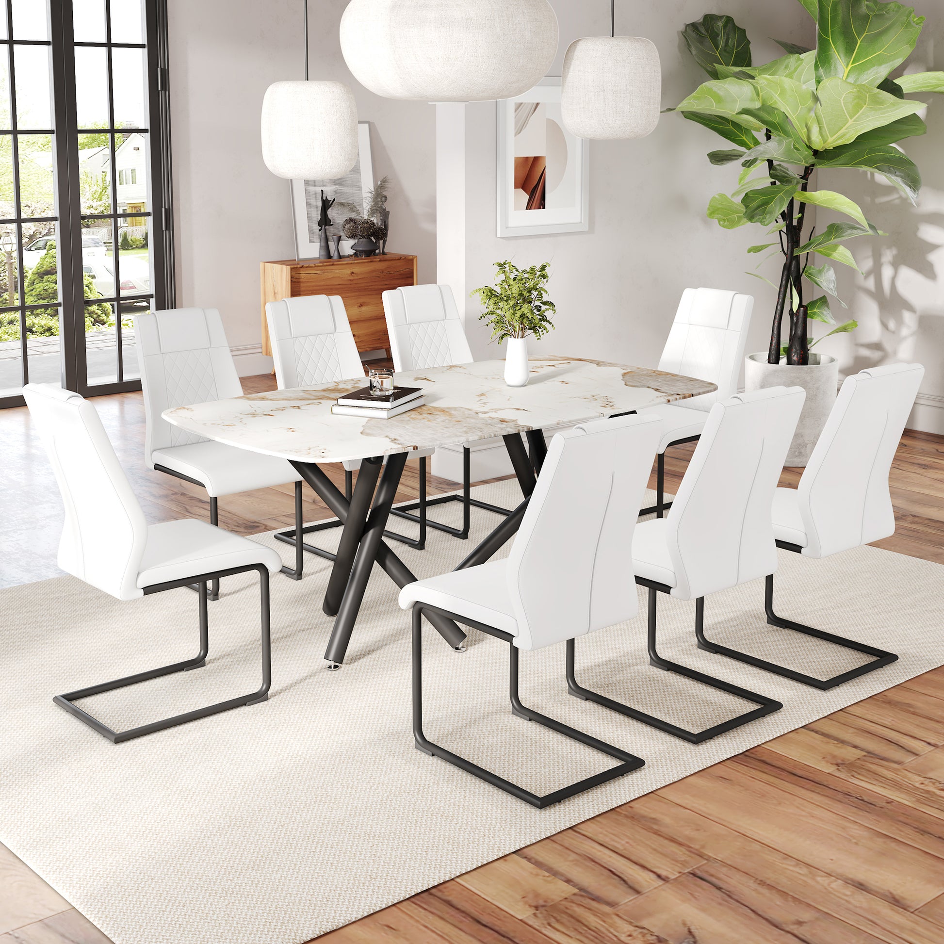 1 Table And 8 Chairs Set.A Rectangular Dining Table With A 0.39 Inch Imitation Marble Tabletop And Black Metal Legs.Paired With 8 Chairs With Pu Leather Seat Cushion And Black Metal Legs.F 1538,C 001 White Black Glass Metal