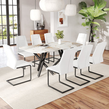 1 Table And 8 Chairs Set.A Rectangular Dining Table With A 0.39 Inch Imitation Marble Tabletop And Black Metal Legs.Paired With 8 Chairs With Pu Leather Seat Cushion And Black Metal Legs.F 1538,C 001 White Black Glass Metal