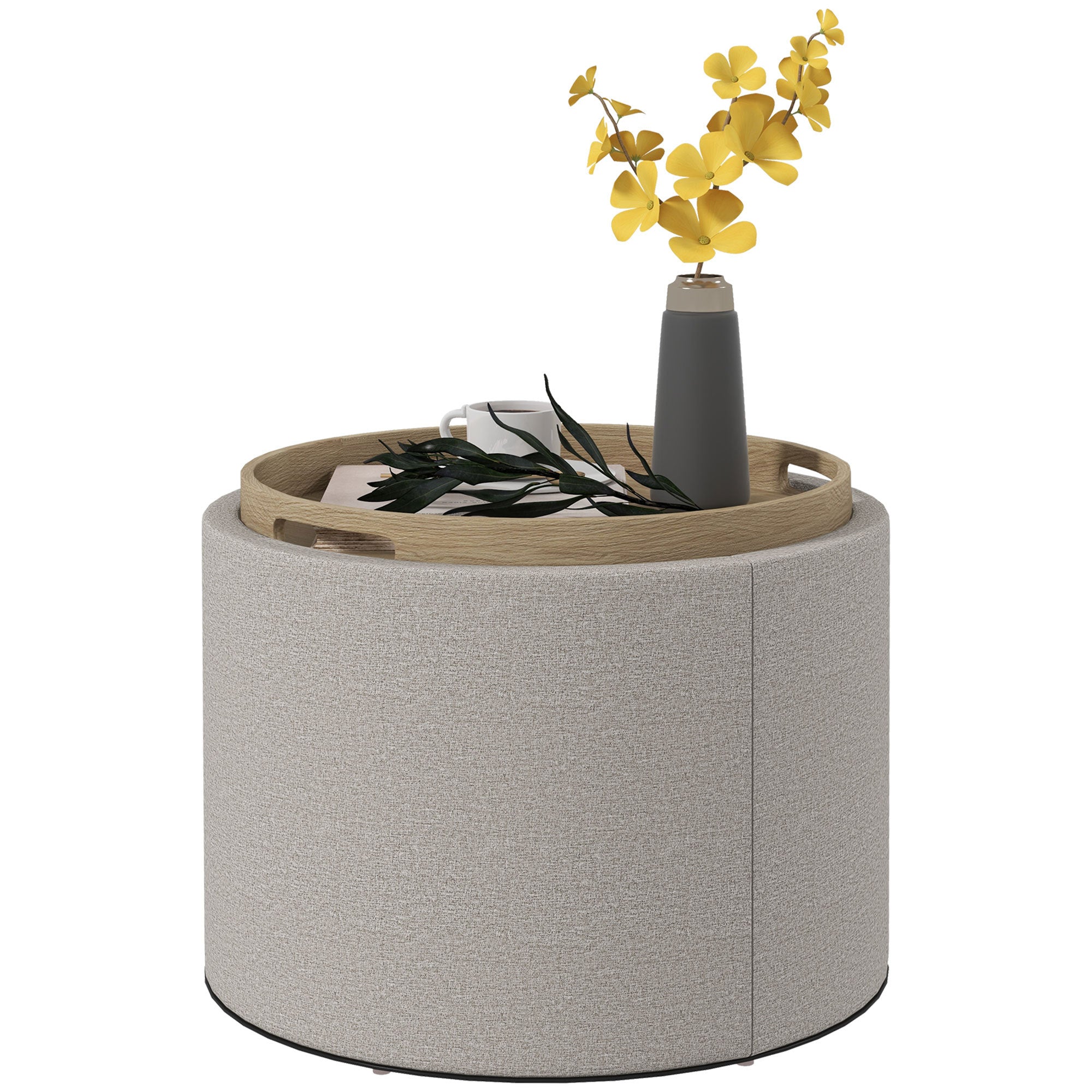 Homcom Round Storage Ottoman Coffee Table With Flip Top Tray, Gray Light Gray Polyester