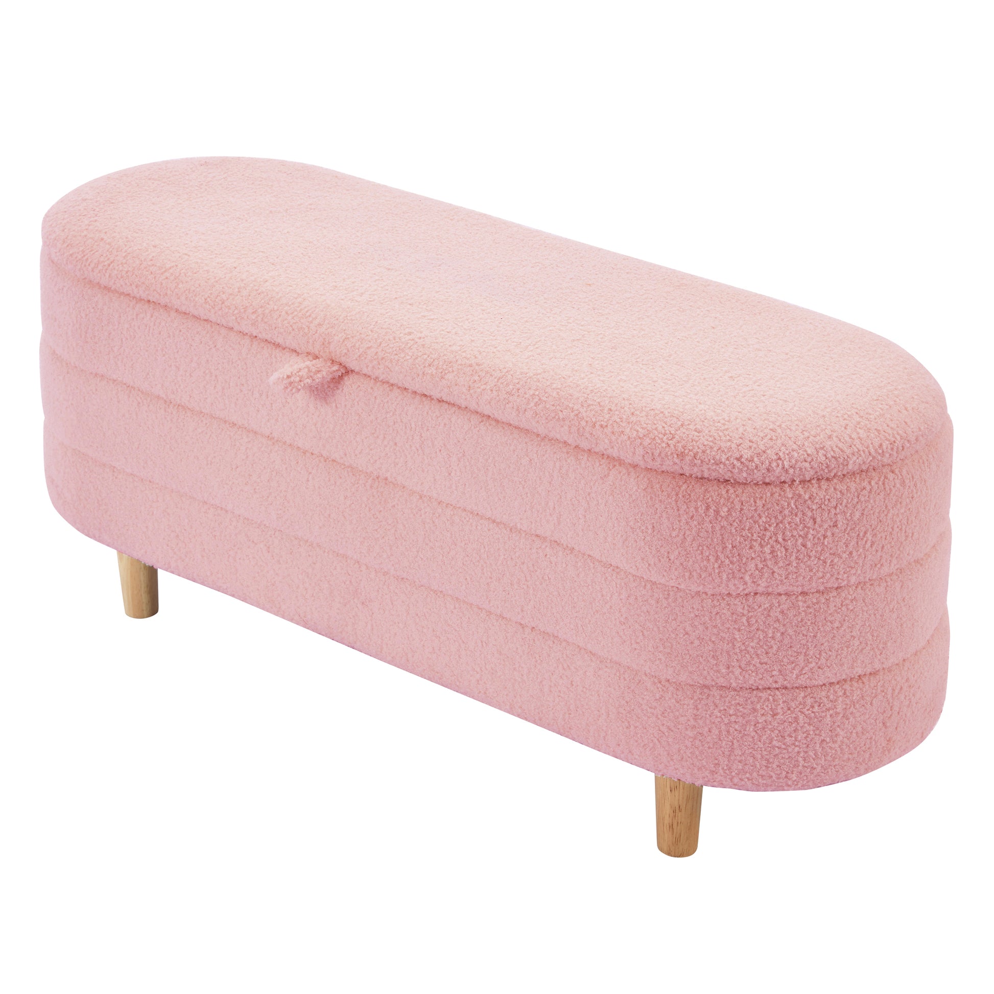 Elegant Upholstered Sherpa Fabric Storage Ottoman With Wood Legs, Storage Bench For Bedroom, Living Room, Pink Pink Wood