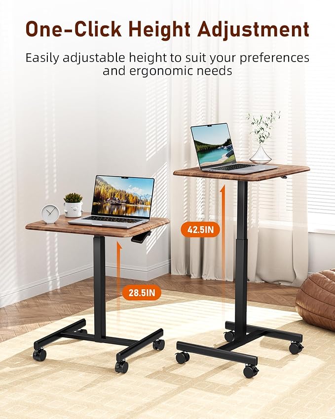 Standing Desk Small Rolling Desk With Lockable Wheels, Mobile Stand Up Desk Adjustable Height, Portable Laptop Desk, Small Computer Standing Table Sit Stand Brown Rust Metal & Wood