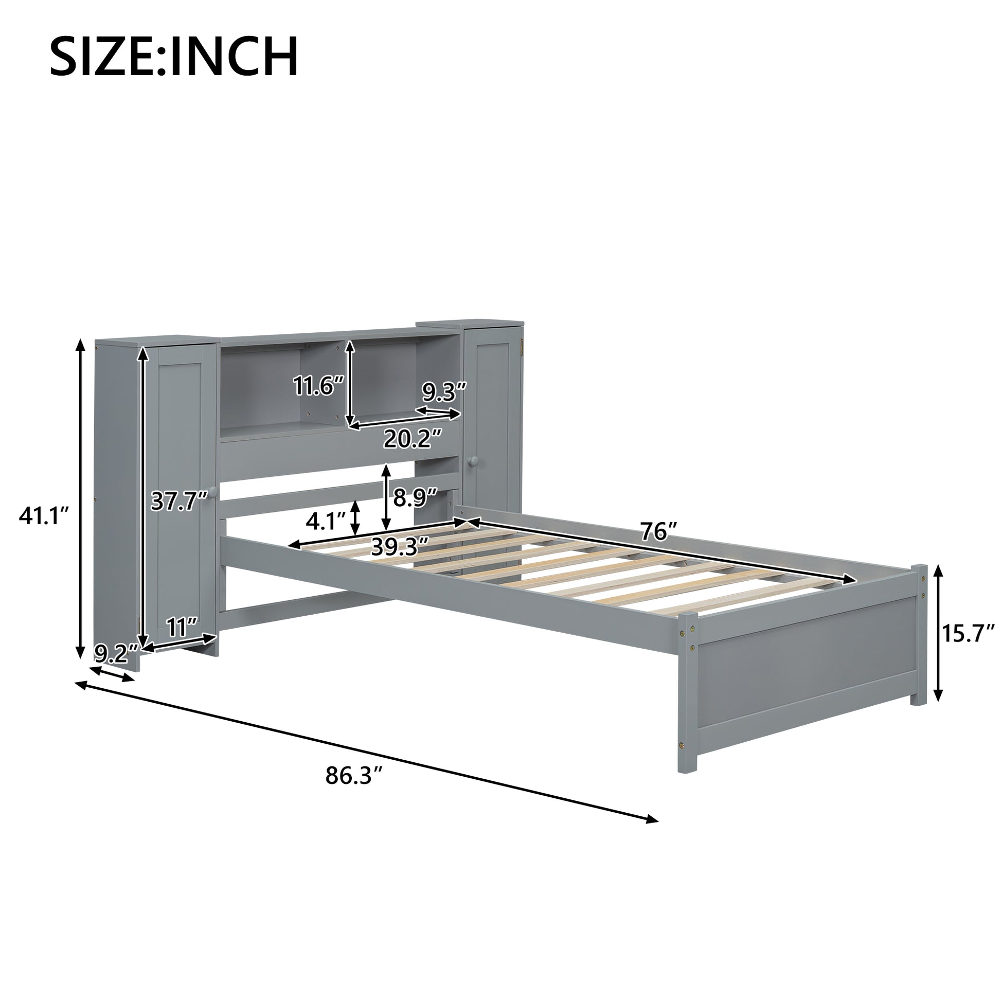 Twin Size Platform Bed With Storage Headboard And Lockers, Gray Twin Box Spring Not Required Gray Wood Bedroom Solid Wood Mdf
