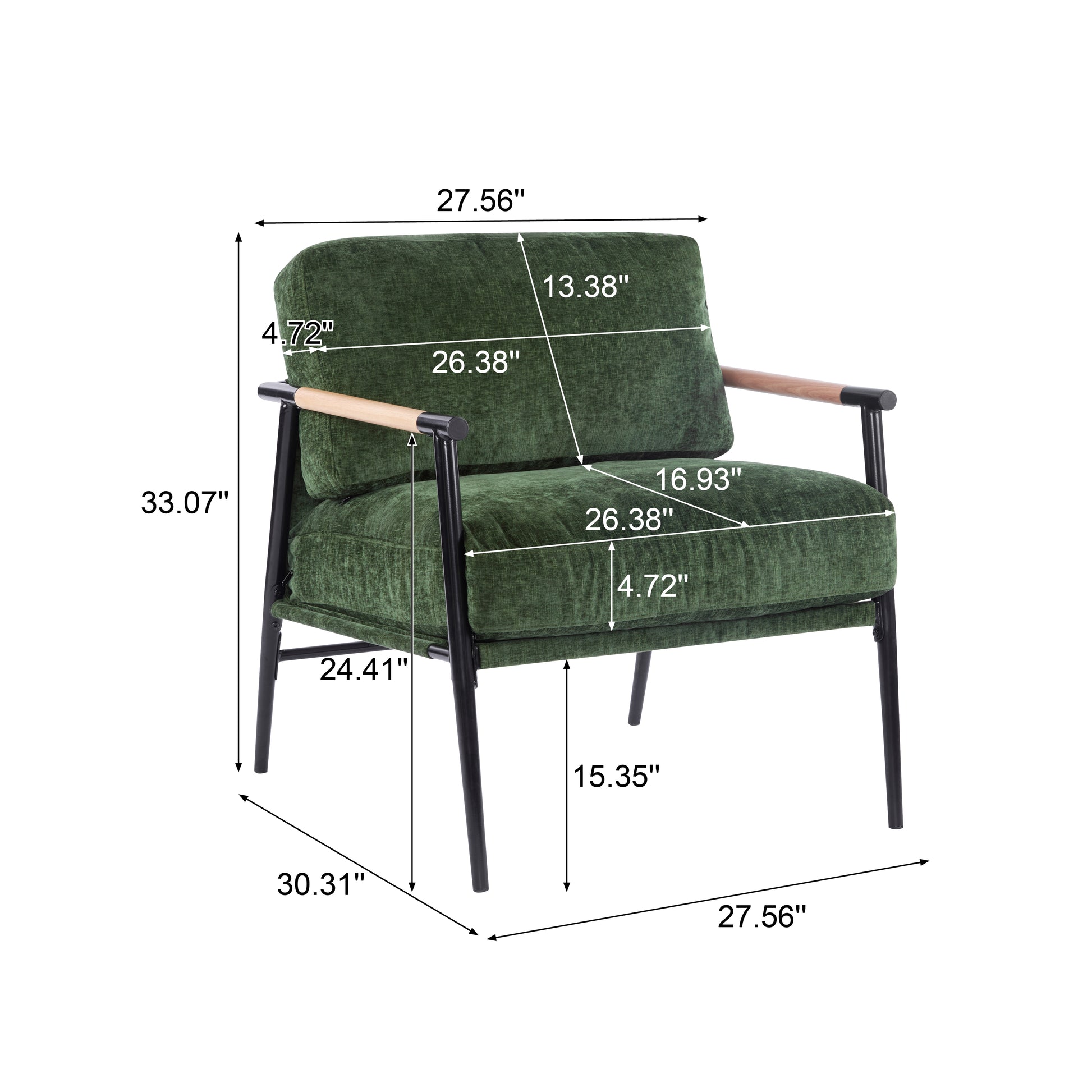 27.56" Modern Accent Chair With Plush Cushions, Minimalist Metal Frame, And Wooden Armrest Design Perfect For Cozy Living Room, Bedroom, Or Office Seating Green Metal,Polyester,Solid Wood