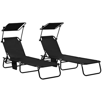 Outsunny Folding Chaise Lounge Pool Chairs, Outdoor Sun Tanning Chairs With Canopy Shade, Reclining Back, Steel Frame And Side Pocket For Beach, Yard, Patio, Black Black Steel