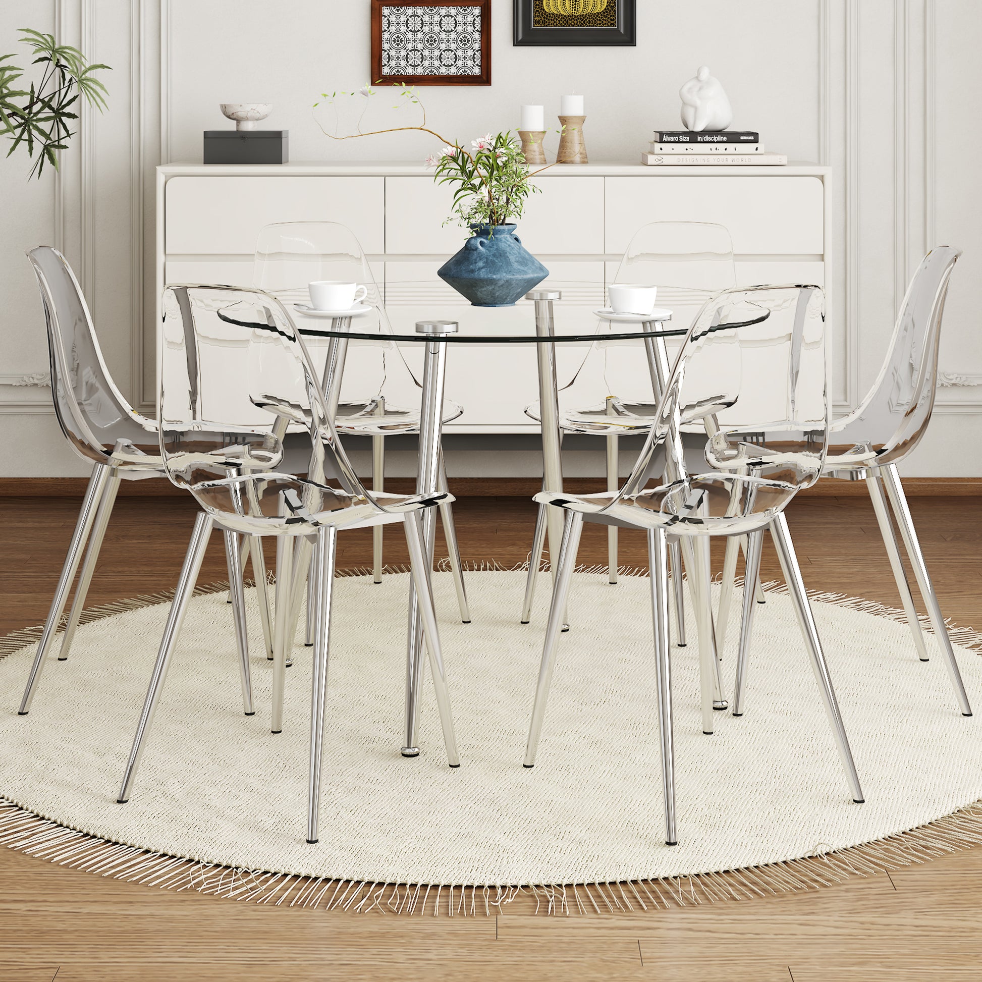 Table And Chair Set.A Modern Minimalist Round Dining Table With Transparent Tempered Glass Top And Silver Metal Legs,Paired With 6 Multiple Transparent High Quality Pp Dining Chairs With Silver Legs. Silver,Transparent Seats 6 Glass Metal