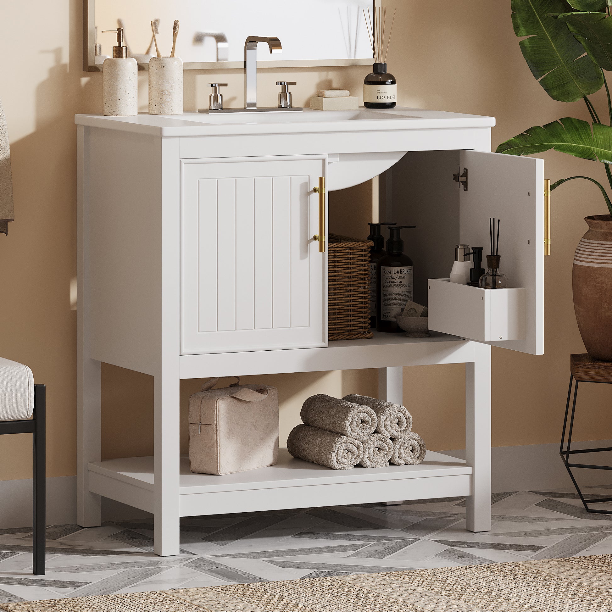 30 Inch White Bathroom Vanity With Ceramic Sink And Versatile Storage Ideal For Small Bathrooms White Bathroom Solid Wood Mdf