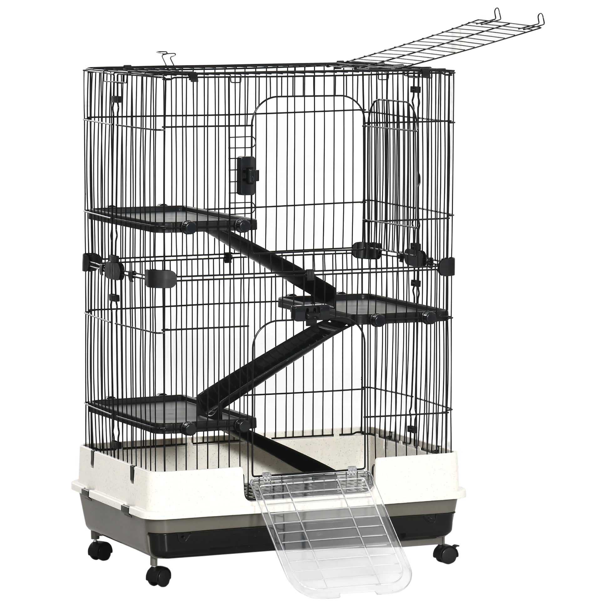 Pawhut 4 Level Small Animal Cage Rabbit Hutch With Wheels, Removable Tray, Platform And Ramp For Bunny, Chinchillas, Ferret, Black Black Metal