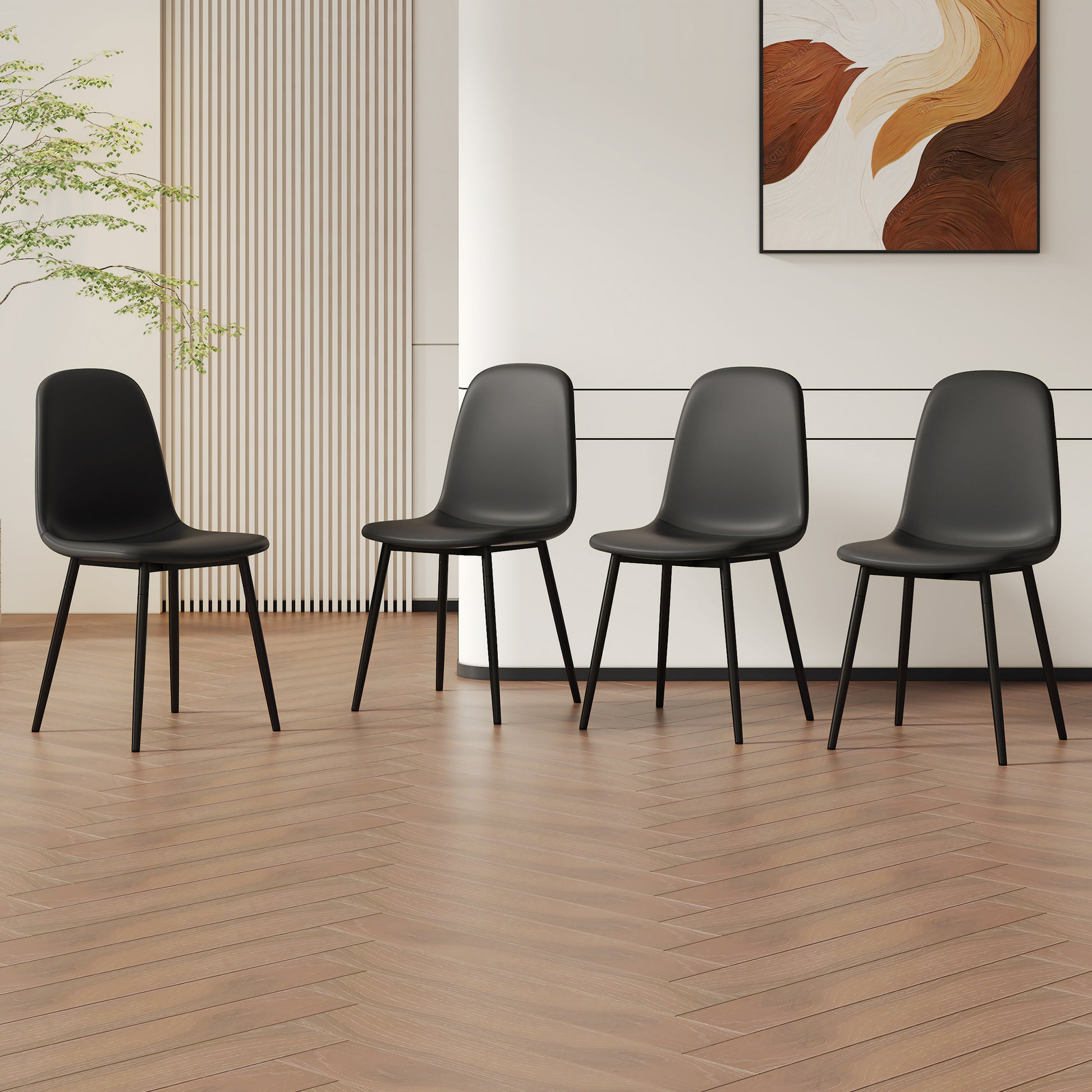Modern Minimalist Black Dining Chair Set Four Chairs Per Box, Stable And Comfortable.Modern Mid Century Style Upholstered Side Chairs,Spoon Shaped Chairs With Black Metal Legs. Black Metal,Pu