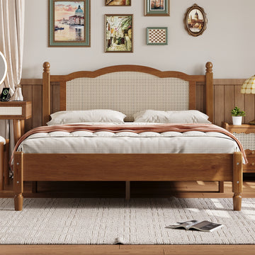 Queen Size Wooden Platform Bed With Natural Rattan Headboard, Vintage Bed Frame With Wooden Slat Support, Walnut Expected Arrival Time: 08.23 Box Spring Not Required Queen Walnut Wood