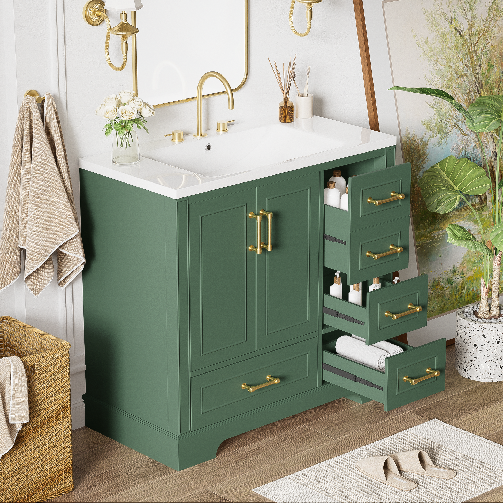 36 Inch Traditional Bathroom Vanity With Resin Sink Combo Set, Green Bathroom Cabinet With Two Doors And Four Drawers Green Bathroom Solid Wood Mdf Resin