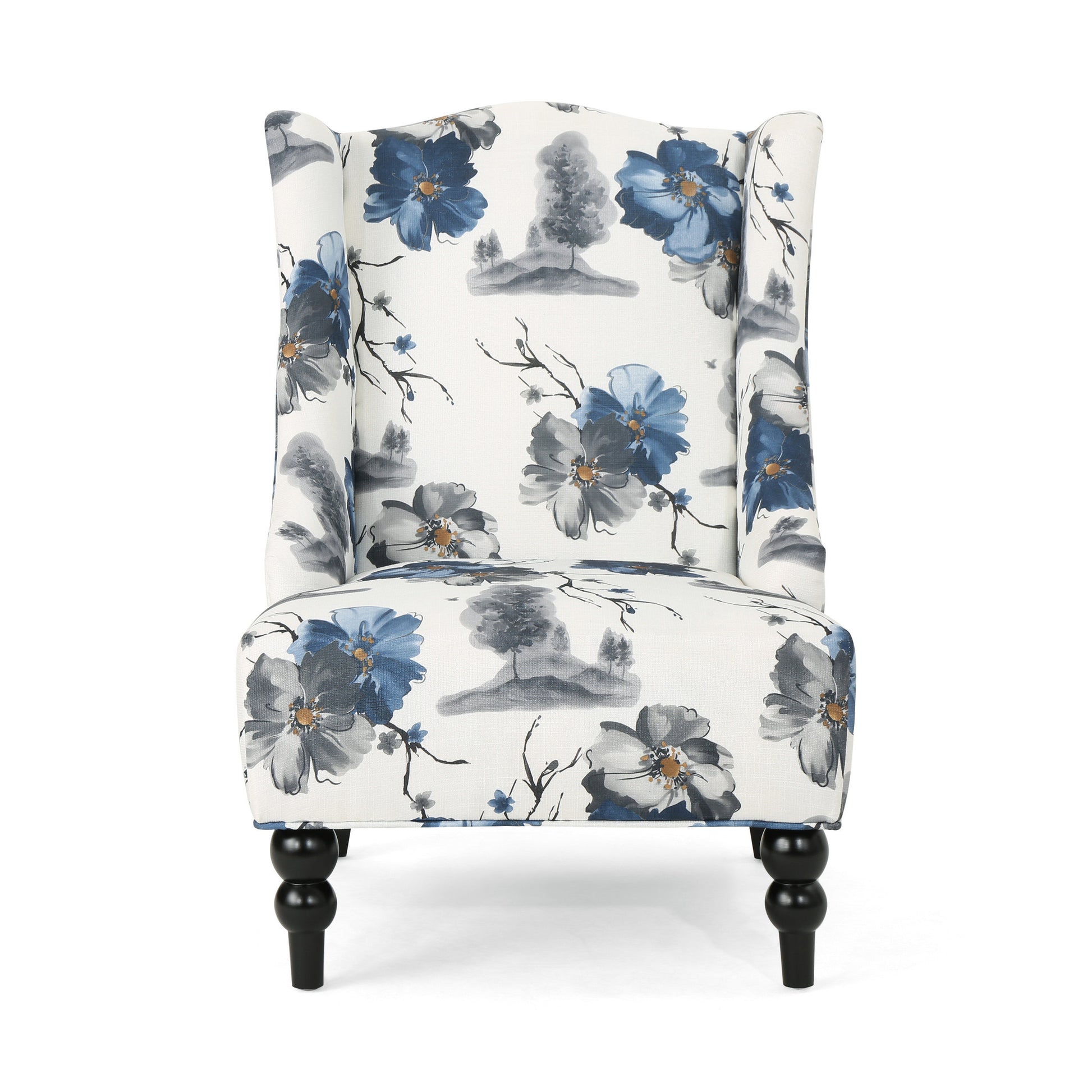 Toddman Hi Back Club Chair, High Back Fabric Club Chair, Print Beige Blue Flower Fabric