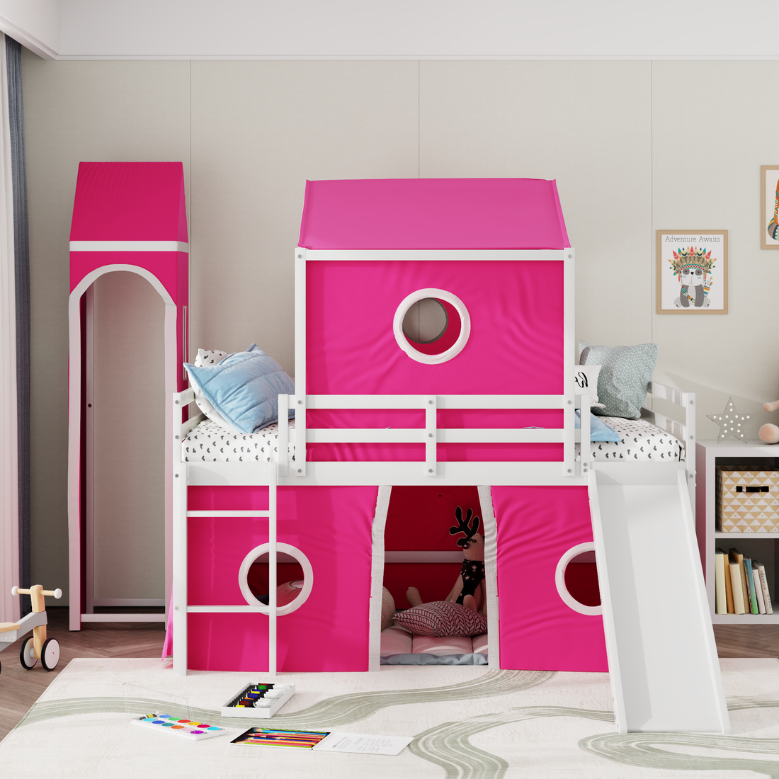 Full Size Loft Bed With Slide Pink Tent And Tower Pink Old Sku:Wf298771Aah Full Pink Solid Wood