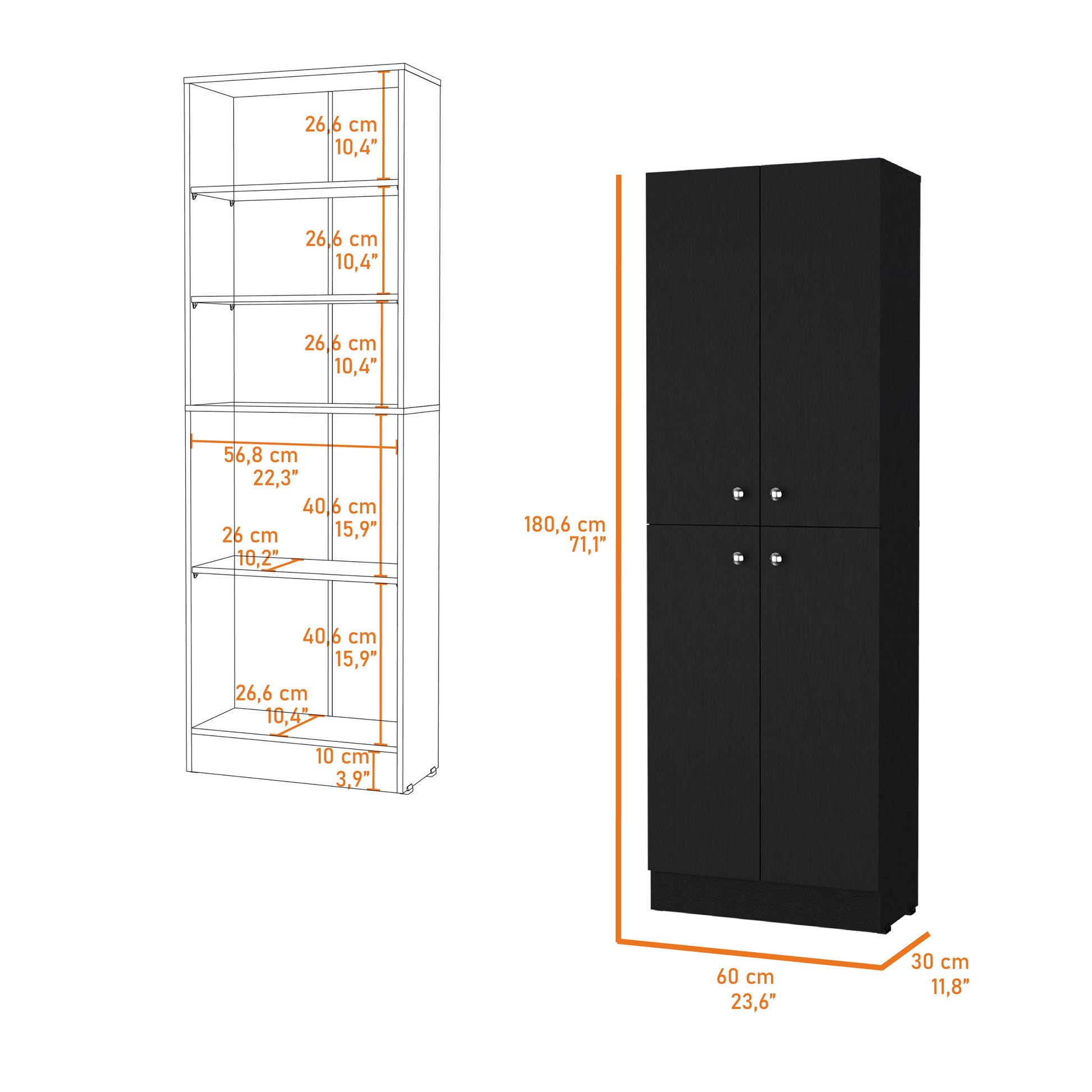 Cameron Pantry Cabinet With 4 Doors And 5 Hidden Shelves Black Kitchen Particle Board Engineered Wood