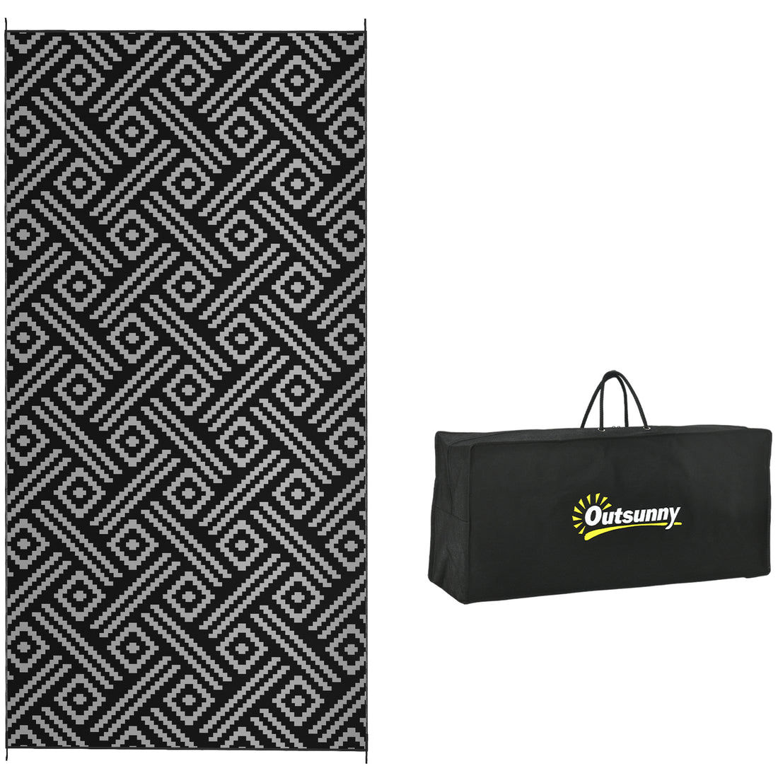 Outsunny Reversible Outdoor Rug, 9' X 18' Waterproof Plastic Straw Floor Mat, Portable Rv Camping Carpet With Carry Bag, Large Floor Mat For Backyard, Deck, Picnic, Beach, Black & Gray Geometric Multicolor Polypropylene