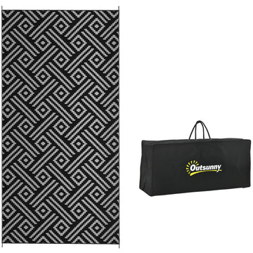Outsunny Reversible Outdoor Rug, 9' X 18' Waterproof Plastic Straw Floor Mat, Portable Rv Camping Carpet With Carry Bag, Large Floor Mat For Backyard, Deck, Picnic, Beach, Black & Gray Geometric Multicolor Polypropylene