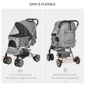 Pawhut Travel Pet Stroller For Dogs, Cats, One Click Fold Jogger Pushchair With Swivel Wheels, Braket, Basket Storage, Safety Belts, Adjustable Canopy, Zippered Mesh Window Door, Grey Grey Steel