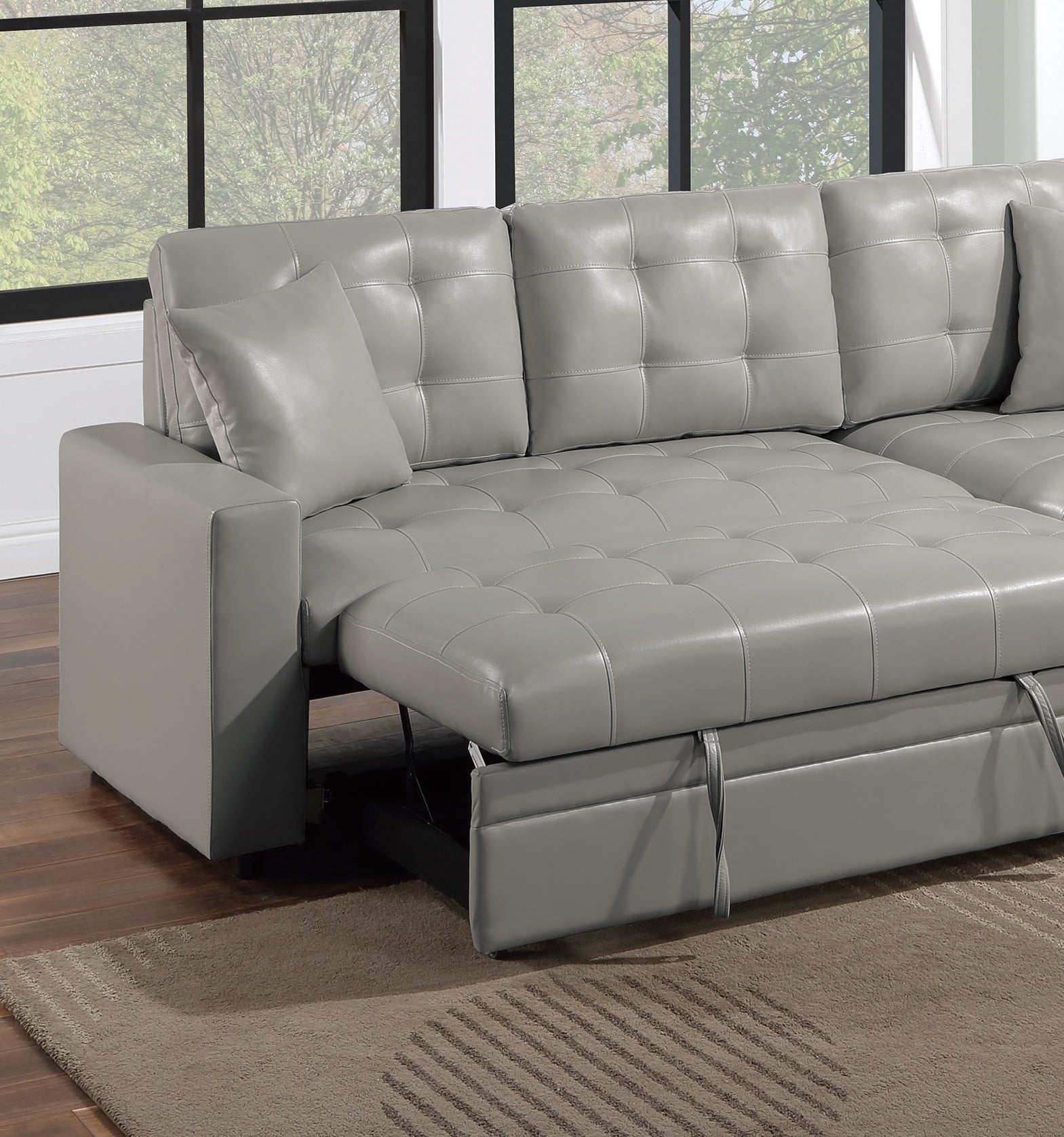 Light Gray Faux Leather Convertible Sectional Sofa Pull Out Bed Couch Storage Chaise Tufted Reversible 2Pc Sectional Living Room Light Gray Primary Living Space Tufted Back Contemporary,Modern L Shaped Square Arms Faux Leather 4 Seat