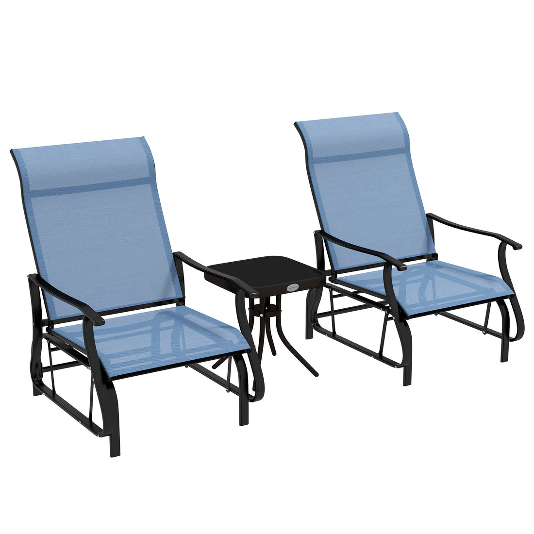 Outsunny 3 Piece Outdoor Gliders Set Bistro Set With Steel Frame, Tempered Glass Top Table For Patio, Garden, Backyard, Lawn, Light Blue Blue Steel