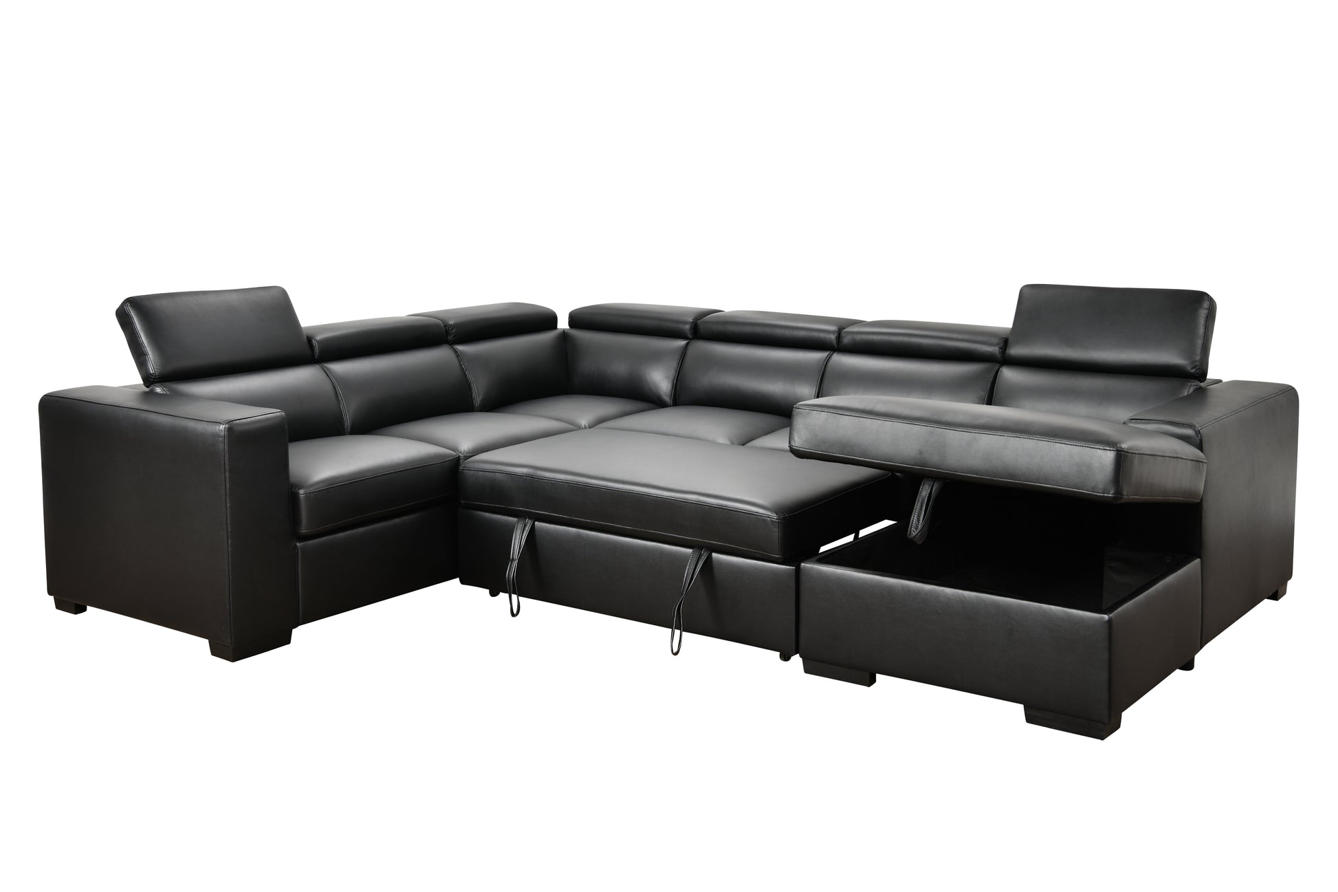 123" Modern U Shaped 7 Seat Sectional Sofa Couch With Adjustable Headrest, Sofa Bed With Storage Chaise Pull Out Couch Bed For Living Room ,Black Light Brown Wood Primary Living Space Heavy Duty Eucalyptus 7 Seat Black Faux Leather Soft Cushion Back