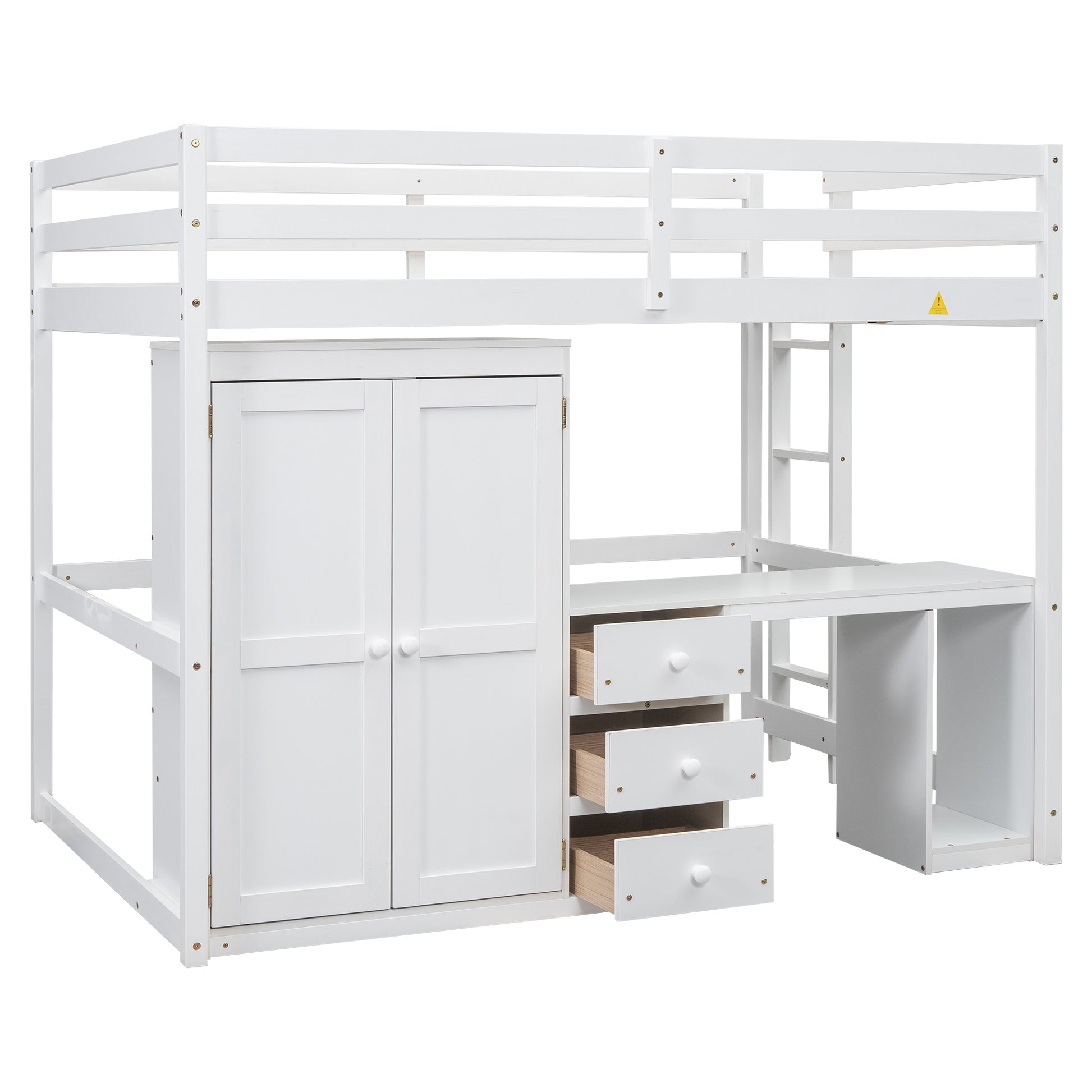 Full Size Loft Bed With Wardrobe, Desk And Storage Drawers, White Full White Pine