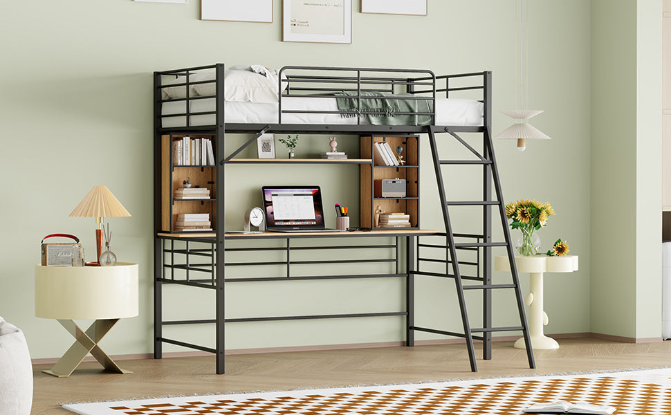 Twin Size Loft Bed With Desk And Shelfloft Bed With Ladder,Twin,Black Twin Black Metal