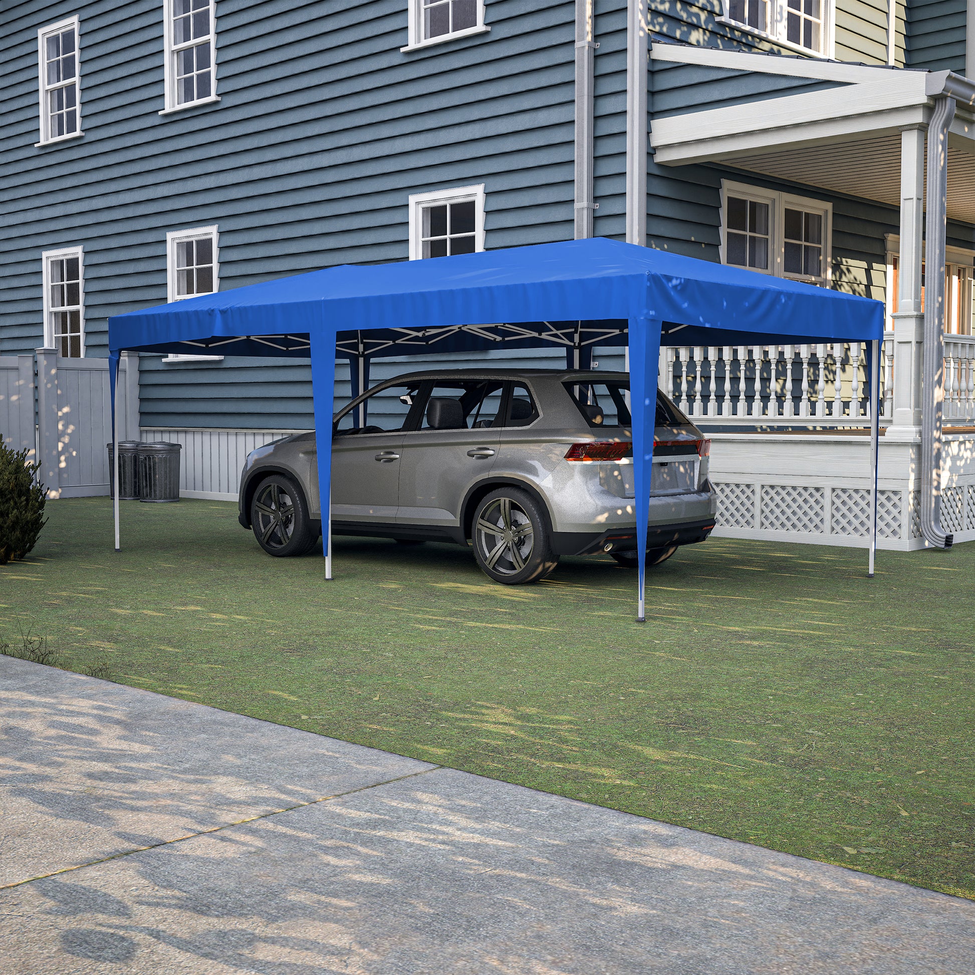 10'X20' Pop Up Canopy Tent With 6 Sidewalls, Ez Pop Up Outdoor Canopy For Parties, Waterproof Commercial Tent With 3 Adjustable Heights, Carry Bag, 6 Sand Bags, 6 Ropes And 12 Stakes, Blue Blue Metal