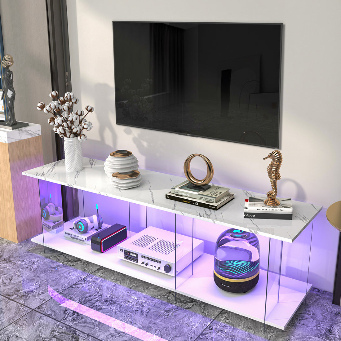 Tv Stand, Tv Cabinet, Yakeli Partition Tv Cabinet, Table Imitation Marble Pattern, Can Do Tv Cabinet Can Also Do Side Cabinets, Can Be Placed In The Lounge, Living Room Or Bedroom, Color: White White Primary Living Space 60 69 Inches 60 69 Inches Classic