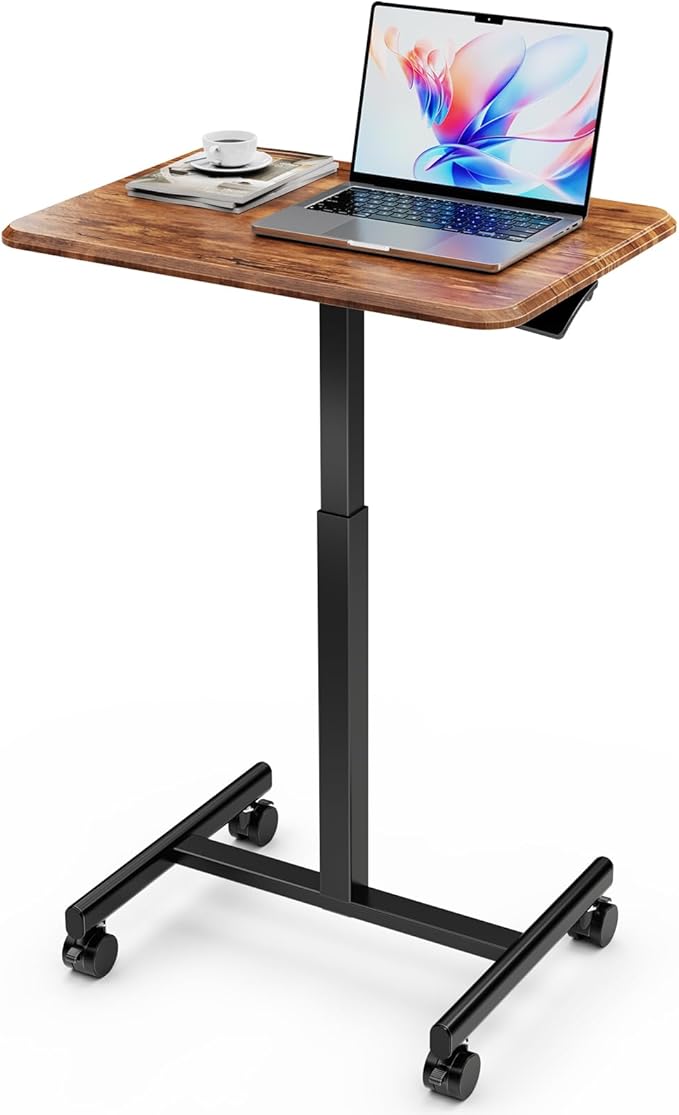 Standing Desk Small Rolling Desk With Lockable Wheels, Mobile Stand Up Desk Adjustable Height, Portable Laptop Desk, Small Computer Standing Table Sit Stand Brown Rust Metal & Wood