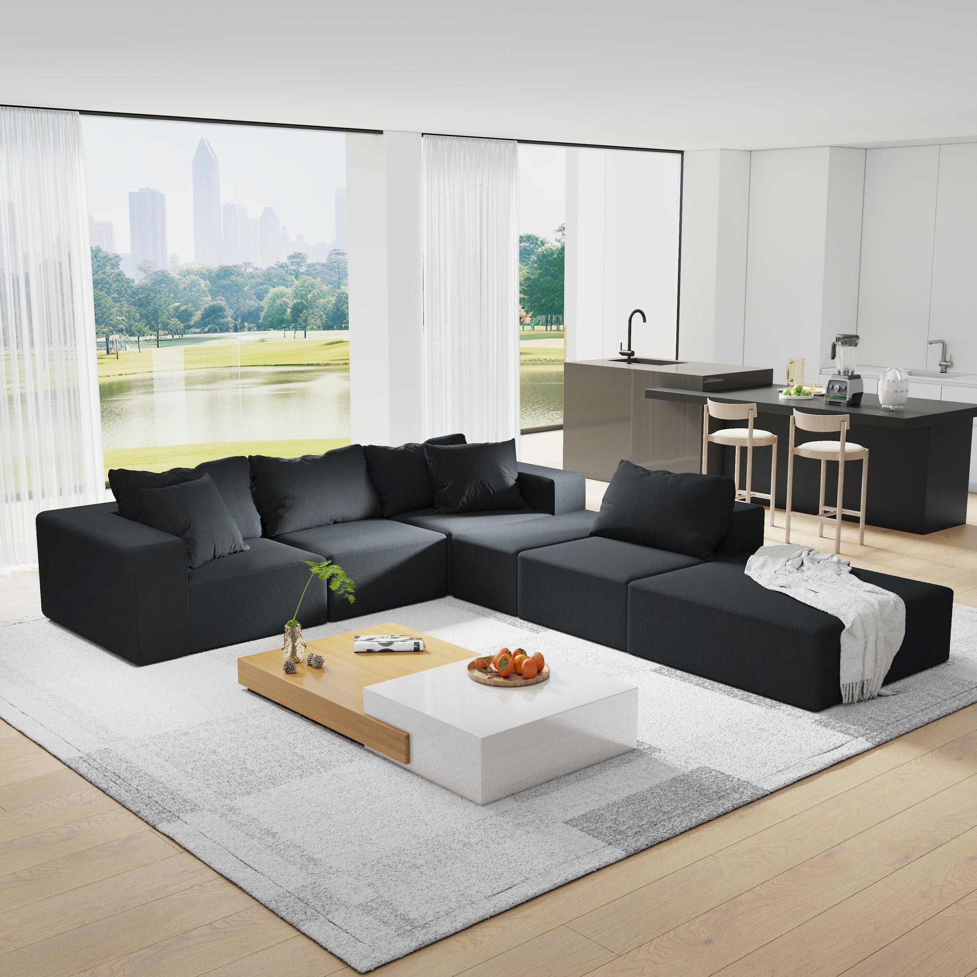 Modern Upholstered Sectional Sofa Couch Set,Modular 132" L Shaped Sectional Living Room Sofa Set With 6 Pillows,Free Combination Sofa Couch For Living Room,Bedroom Black Foam Chenille 6 Seat