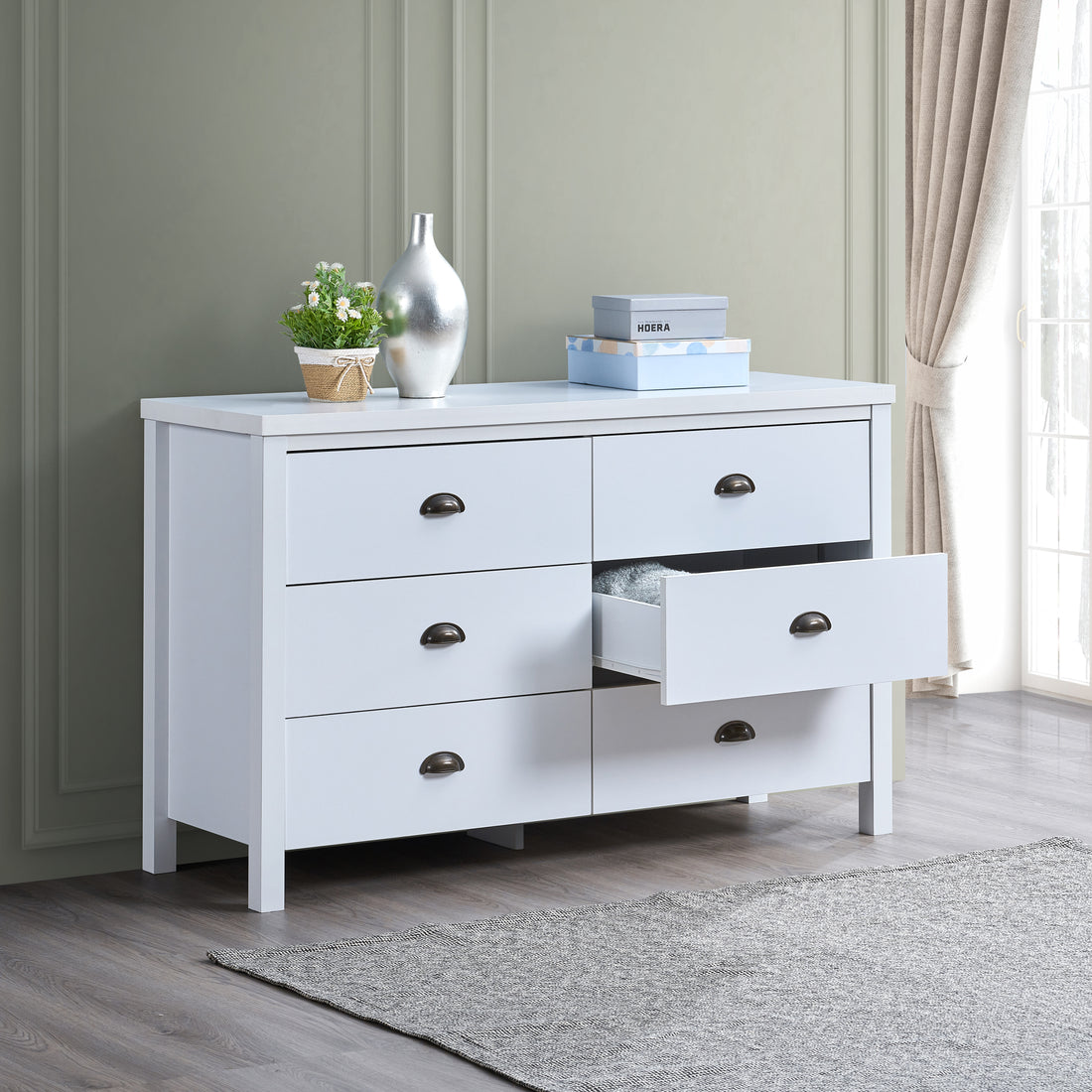 Safari 6 Drawer Master Dresser With Interlock Drawer Feature Drawer Slide And Interlock Pre Assembly, Wide Dressers For Bedroom 6 Deep Drawers For Closet Organizer Easy Assembly, Classic White Off White White Bedroom American Design,American