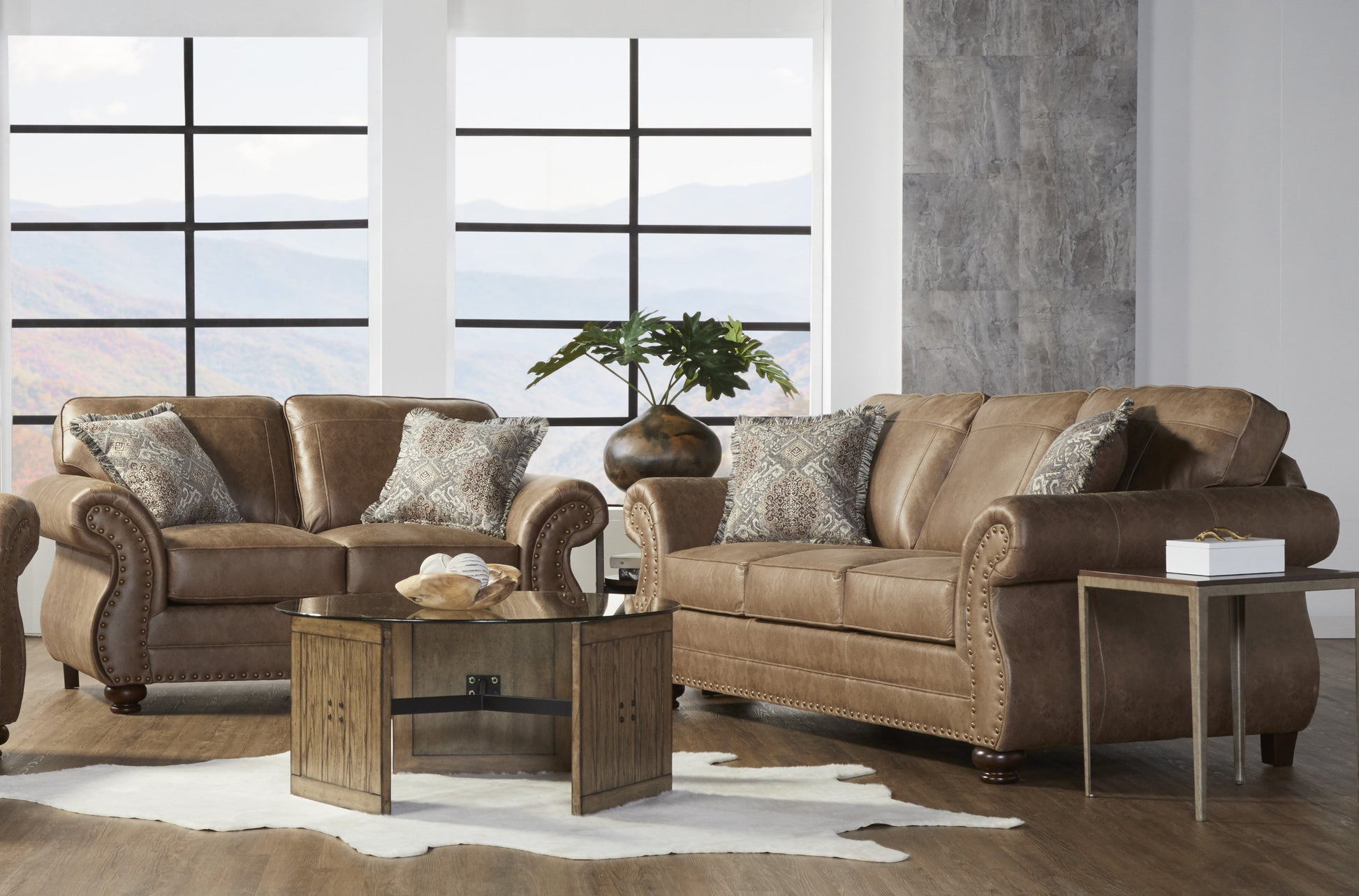 Leinster Faux Leather Sofa And Loveseat With Antique Bronze Nailheads Brown Faux Leather 5 Seat