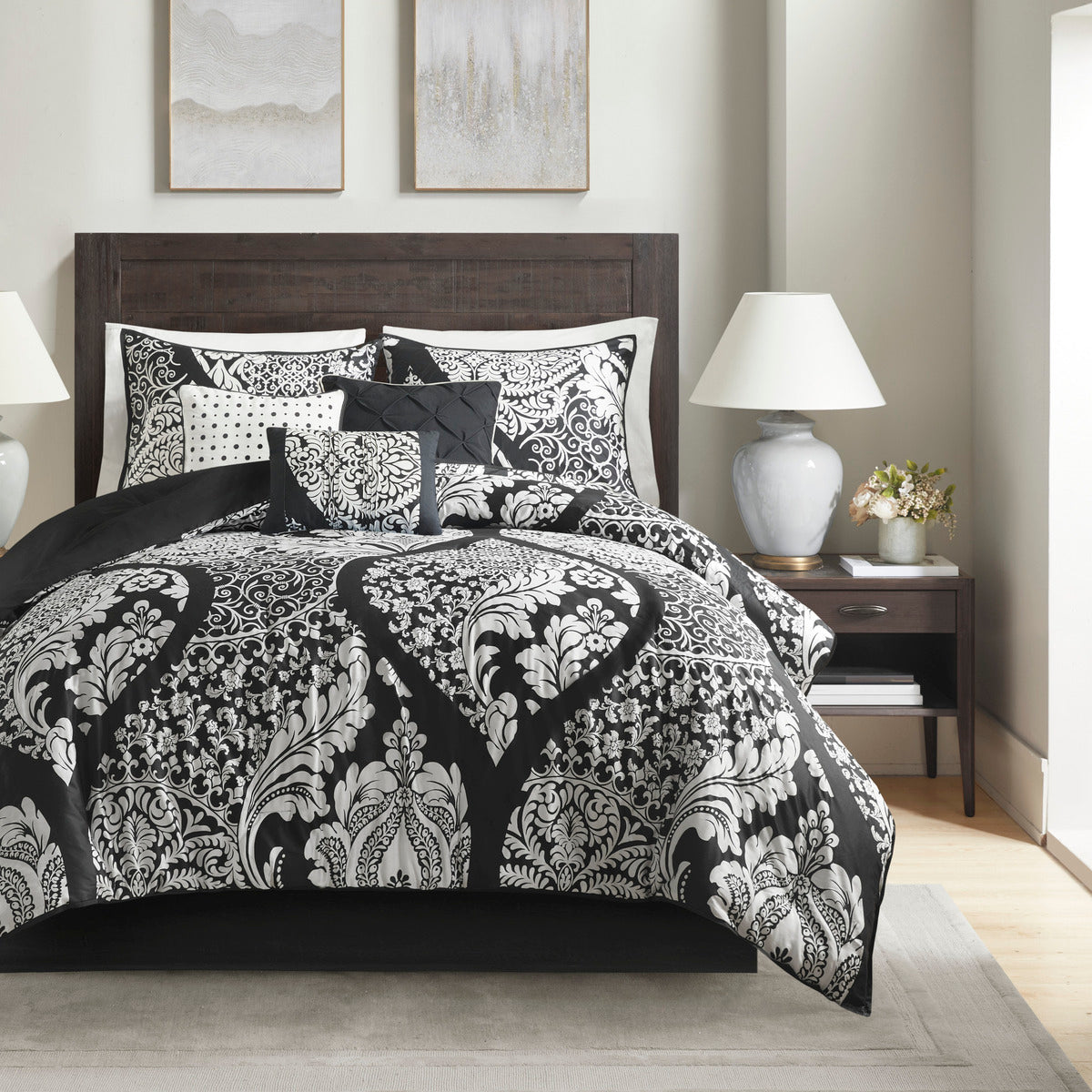 7 Piece Cotton Printed Comforter Set Black Queen Queen Black Polyester