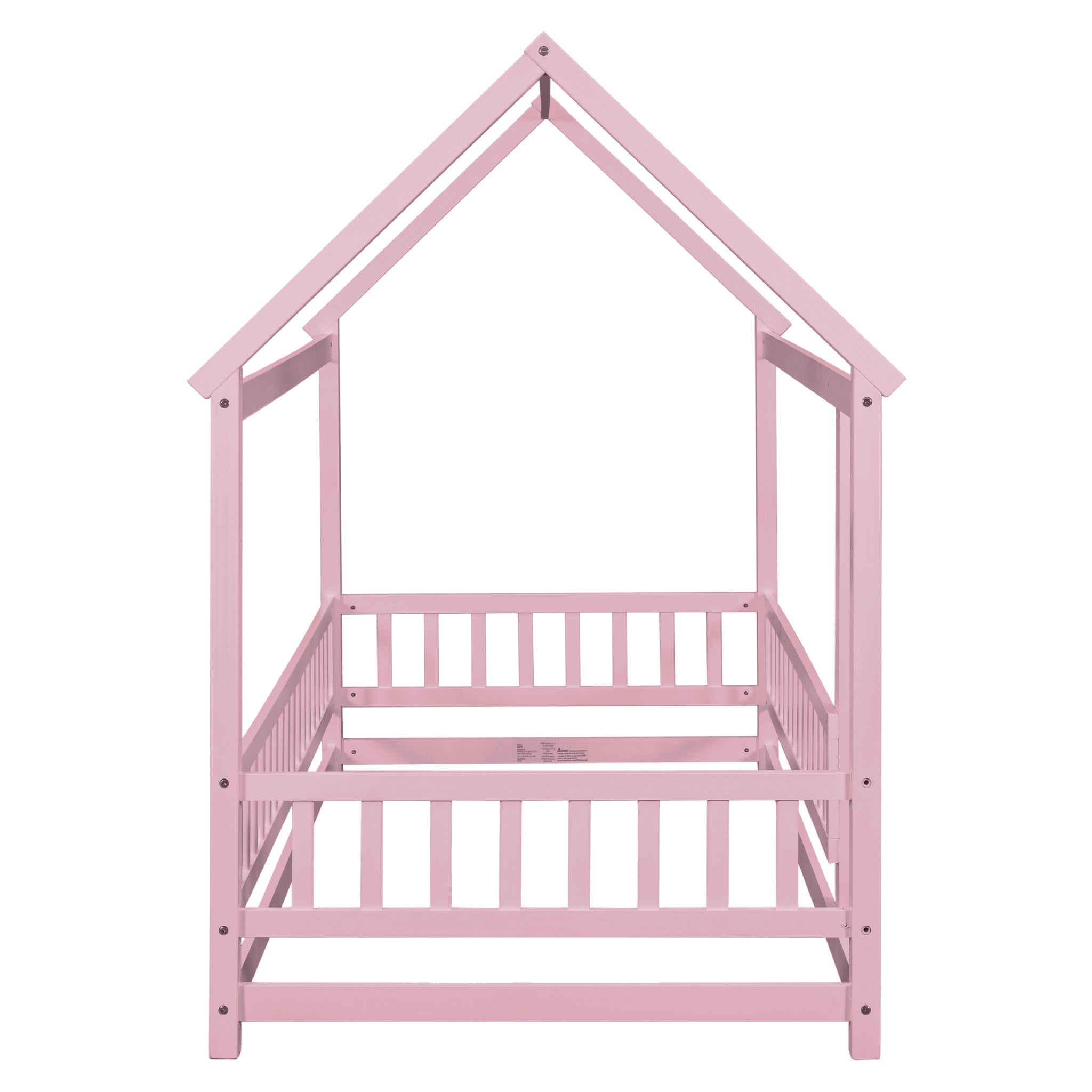 Twin Size Floor Wooden Bed With House Roof Frame, Fence Guardrails,Pink Twin Pink Pine