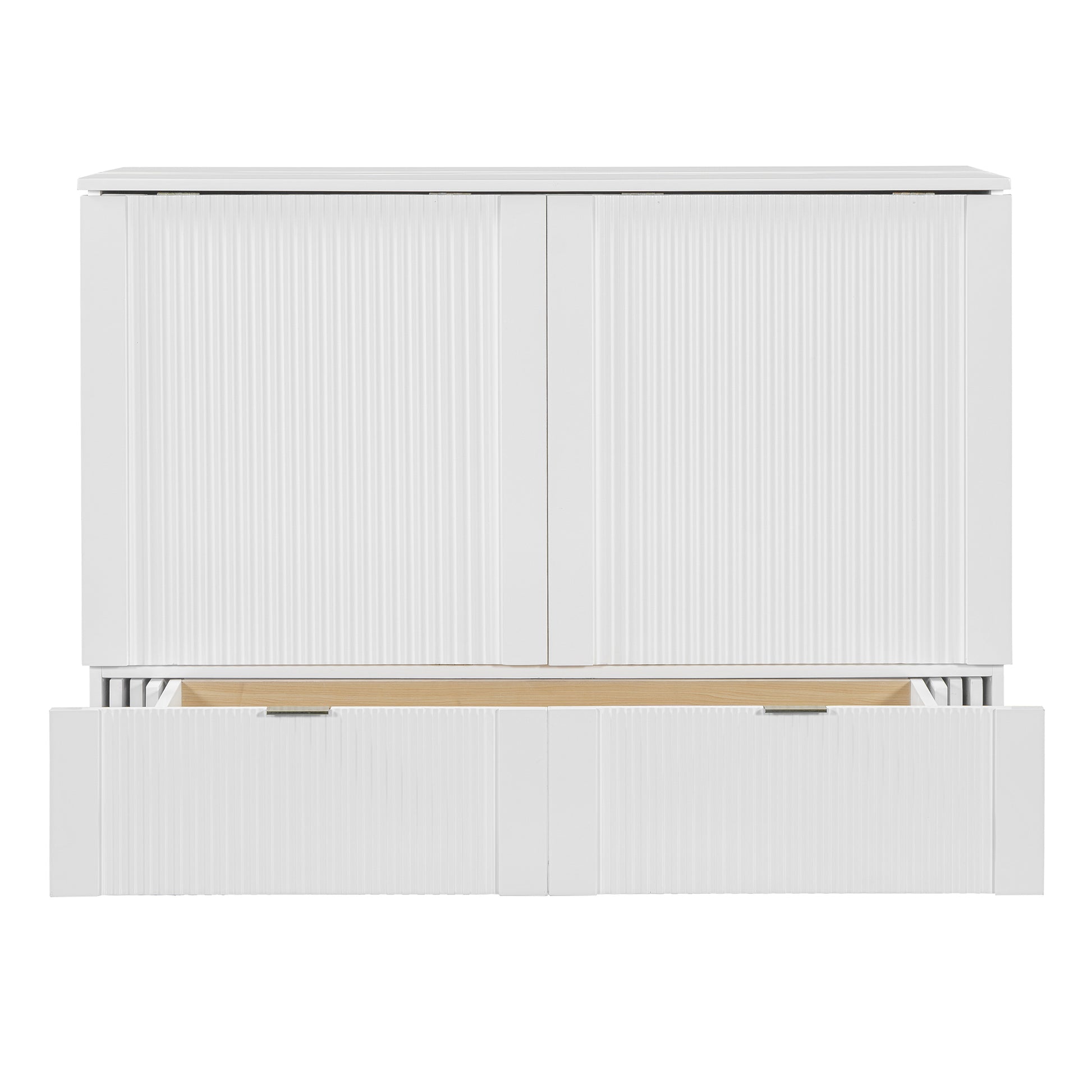 Full Size Murphy Bed With Drawer And A Set Of Sockets & Usb Ports, Pulley Structure Design, White Full White Plywood