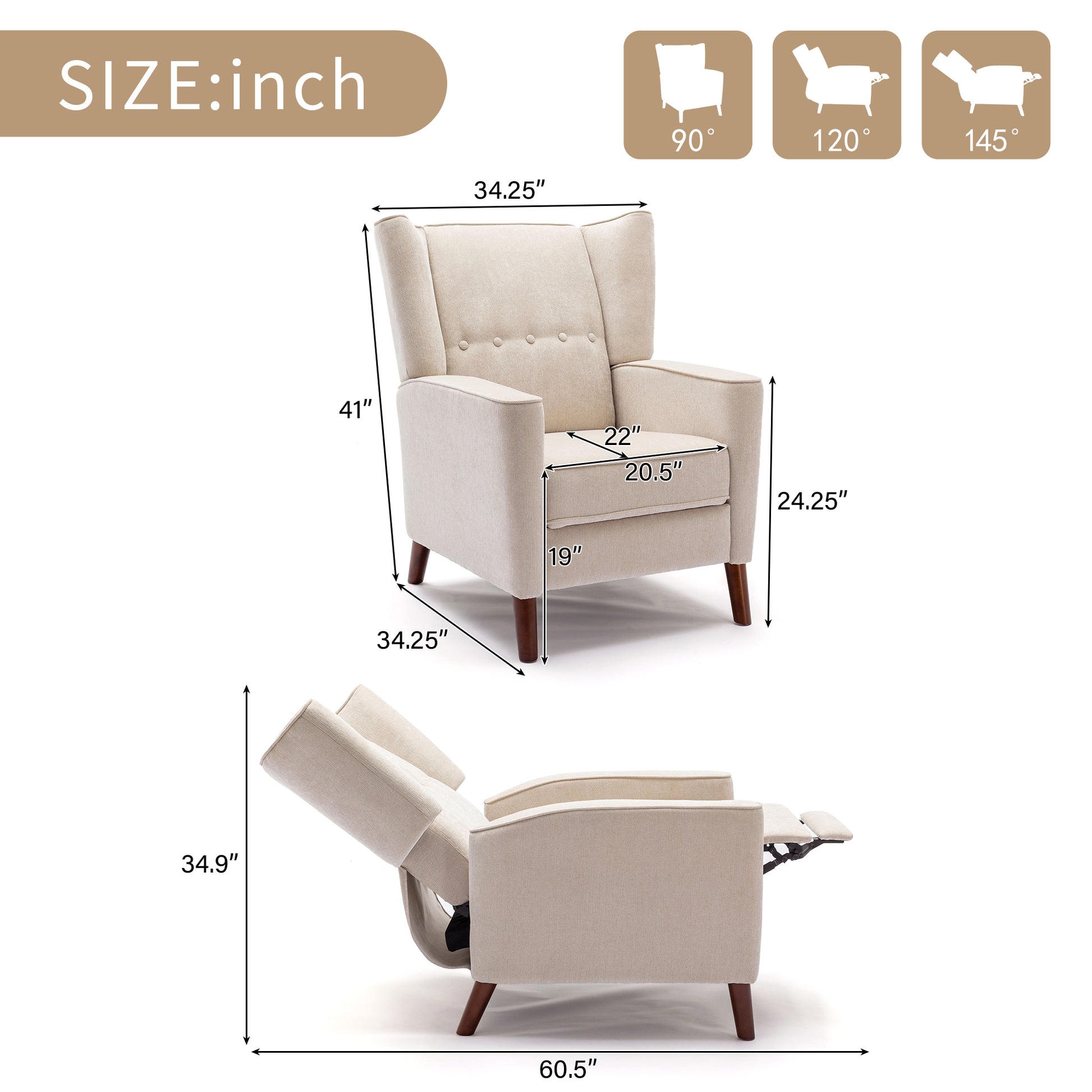 Mid Century Chenille Wingback Recliner Chair, Button Tufted Design Pushback Recliner Chair With Armrest And Solid Wood Legs, For Bedroom Living Room, Tan Tan Chenille