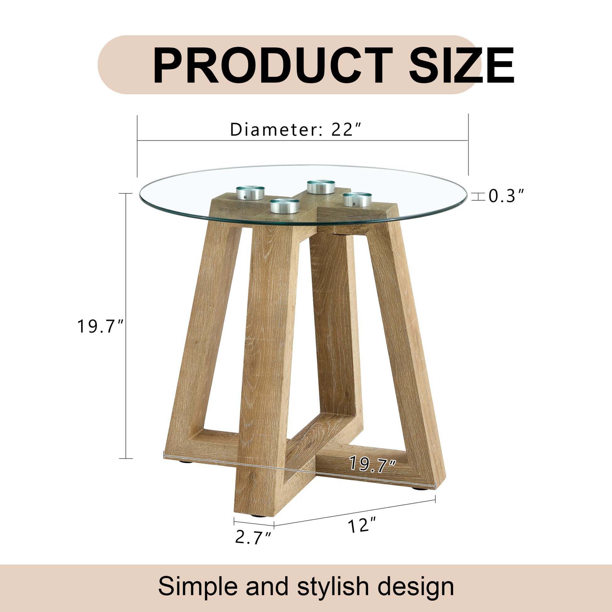 Modern And Practical Round Table. Made Of Clear Tempered Glass Top And Wood Coloured Mdf Material. Suitable For Living Rooms And Bedrooms. Wood Mdf Glass