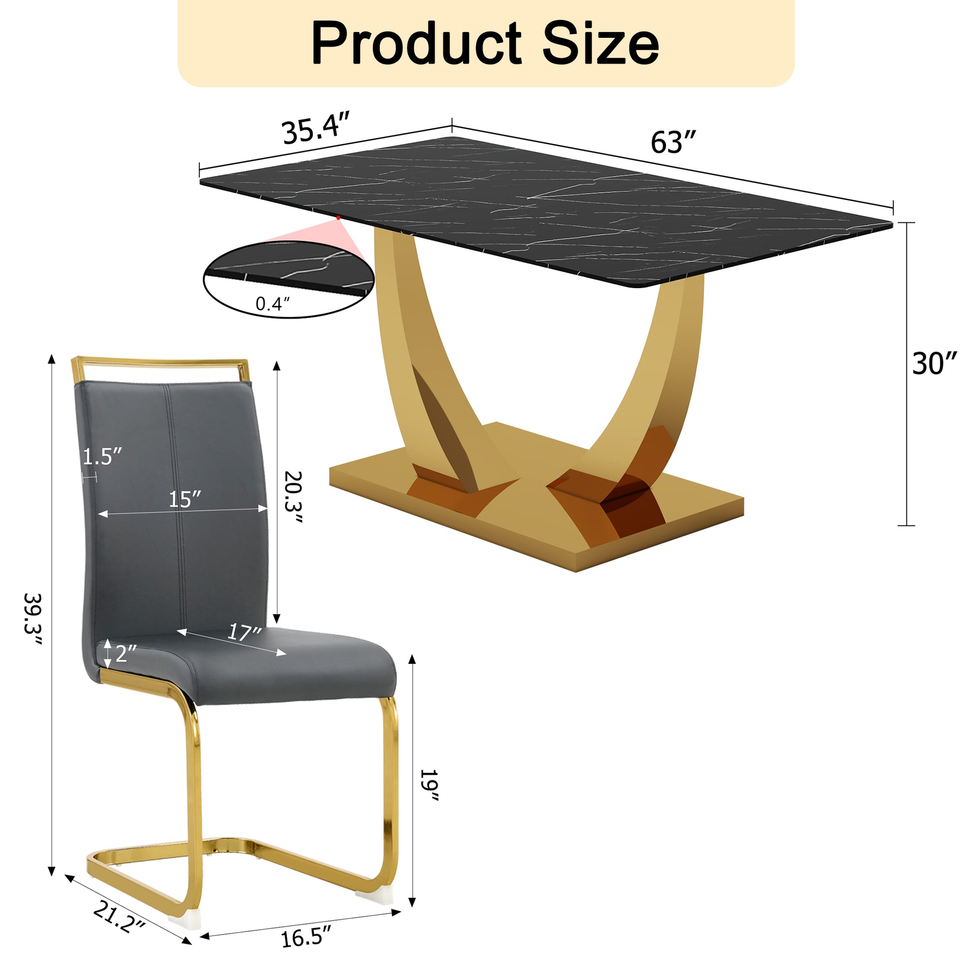 Table And Chair Set.Modern Rectangular Dining Table With Black Textured Stickers Glass Tabletop And Gold Plated Metal Legs.Paried With 6 Comfortable Chairs With Pu Seats And Golden Metal Legs. Dark Gray,Gold Seats 6 Glass Metal