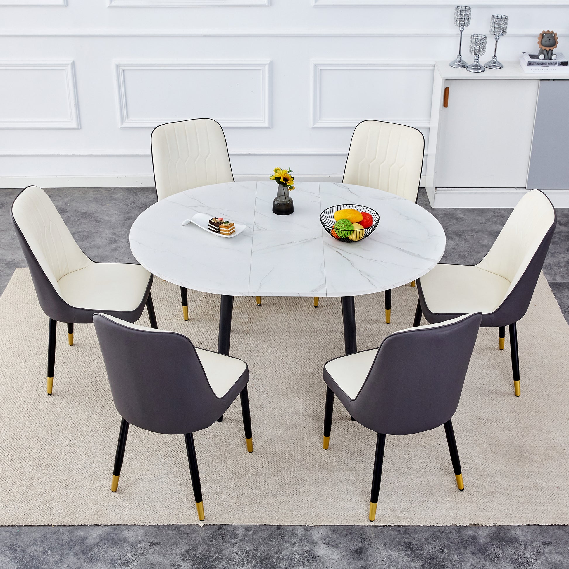 Table And Chair Set.Modern Extendable Mdf Dining Table.The Table Has A Telescopic Design, Suitable For Gatherings Of Different Size.Paired With 6 Chairs With Pu Cushions And Black Metal Legs. Dark Gray,White Seats 6 Mdf Metal