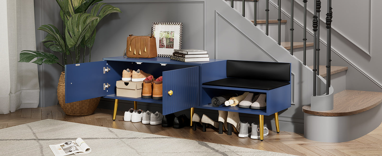 Modern Shoe Storage Bench With Hidden Storage And Upholstered Cushions For Bedside, Living Room And Entryway Navy Navy Mdf Metal