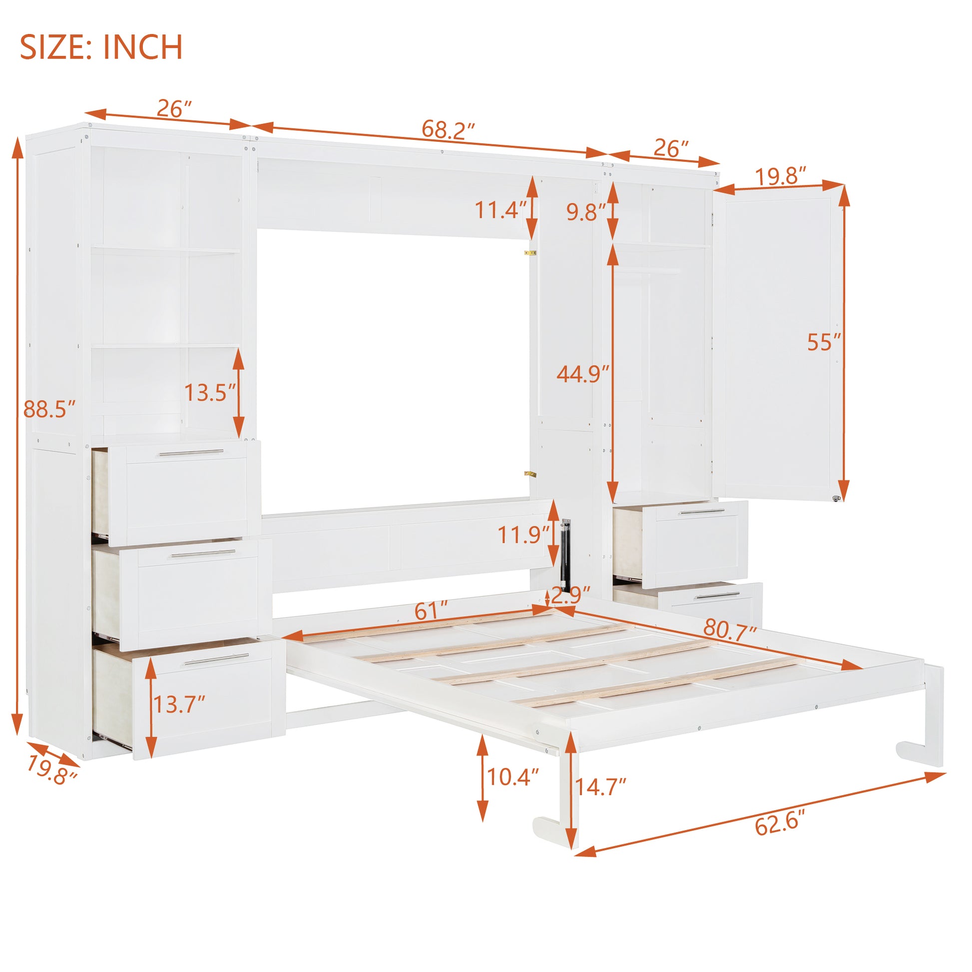 Queen Size Murphy Bed Wall Bed With Closet ,Drawers And Shelves,White Queen White Mdf Lvl