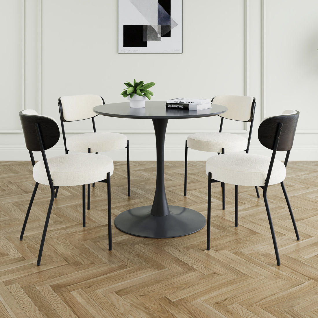 Modern Grey Simple Teddy Velvet Dining Chair Upholstered Chair Family Bedroom Stool Back Dressing, Black Round Table Set,Bentwood Covered With Ash Veneer Chair Back,Chair Black Metal Legs Set Of 5 Black Mdf