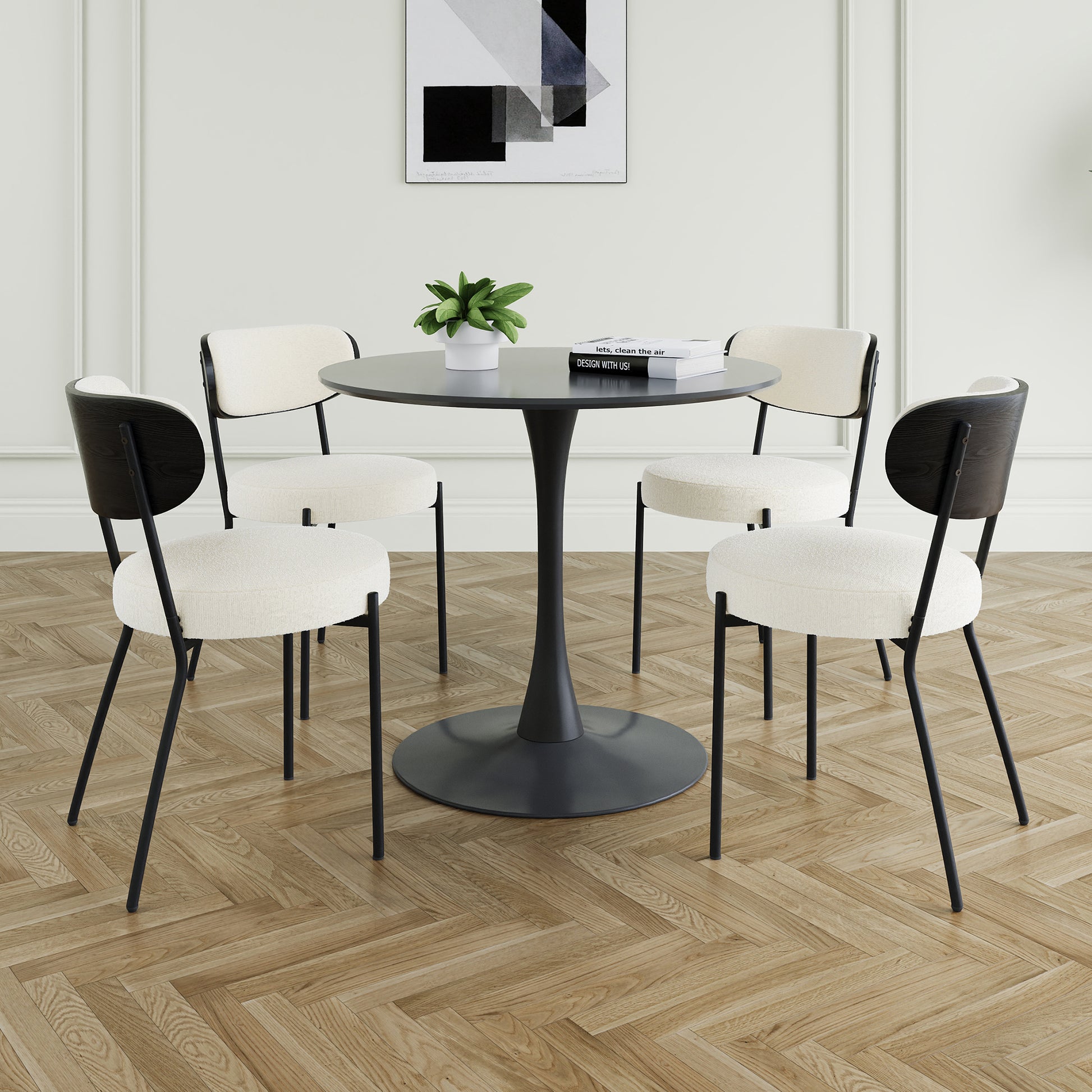 Modern Grey Simple Teddy Velvet Dining Chair Upholstered Chair Family Bedroom Stool Back Dressing, Black Round Table Set,Bentwood Covered With Ash Veneer Chair Back,Chair Black Metal Legs Set Of 5 Black Mdf