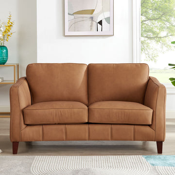 Aria Top Grain Leather Loveseat Brown Genuine Leather Wood Primary Living Space Medium Firm Cushion Back Mid Century Modern Eucalyptus Square Arms Down Filling Leather