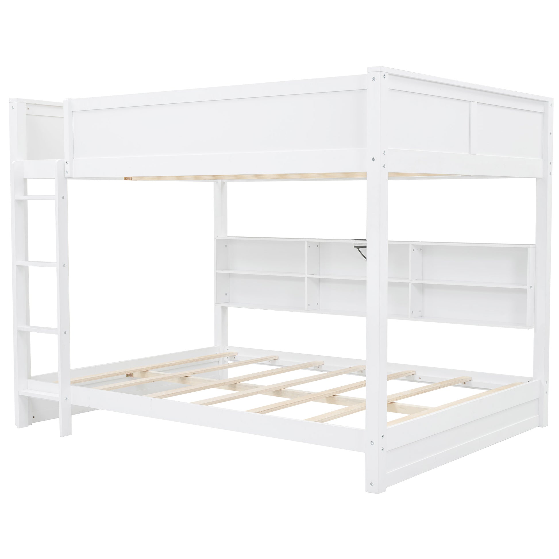 Queen Over Queen Bunk Bed With Storage Cabinets And Usb Ports, White Expected Arrival Time: 10.26 White Solid Wood Mdf