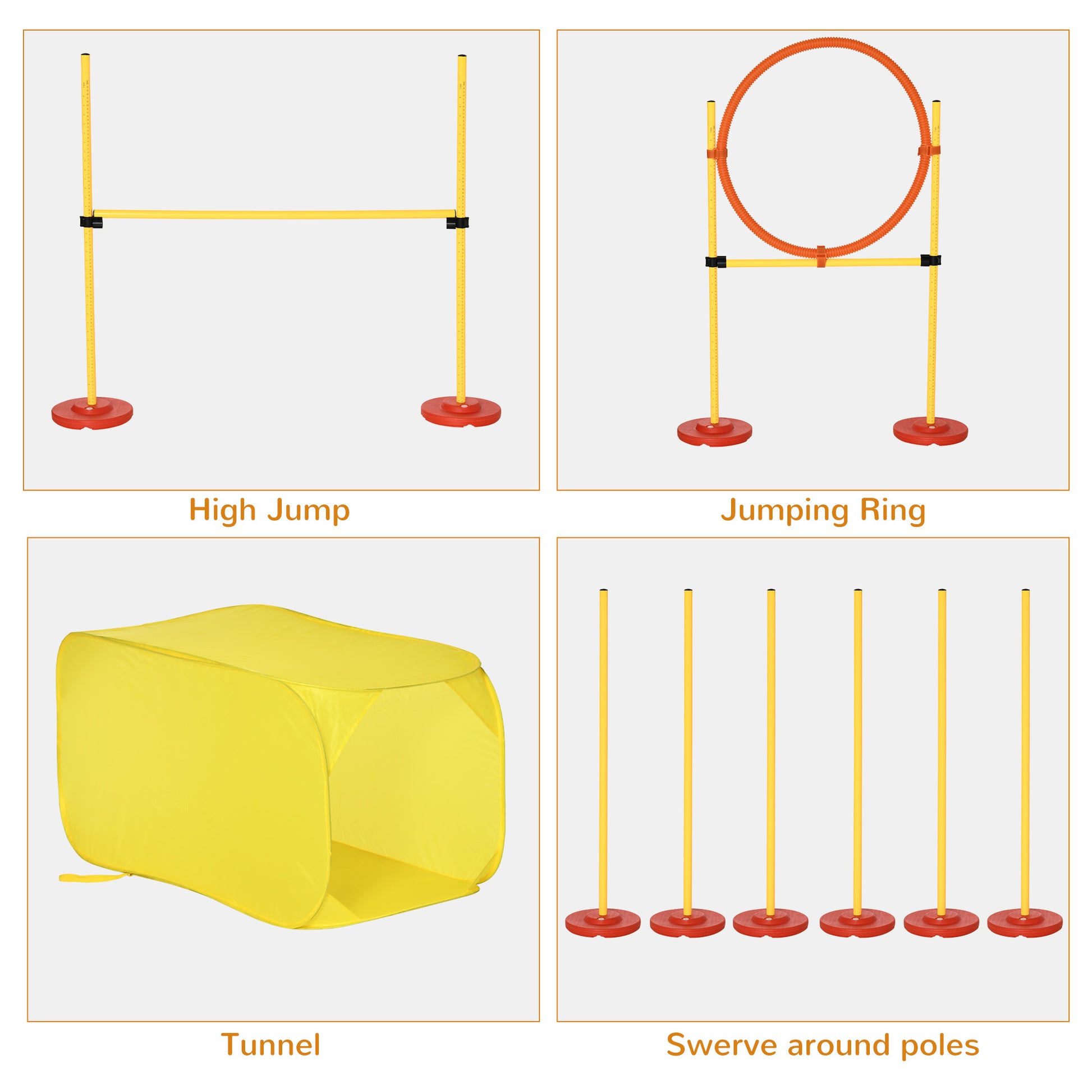 Pawhut 4 Piece Dog Agility Training Equipment Doggie Obstacle Course With Tunnel, Hurdle Bar, Hoop, Weave Poles, And Easy Carry Case Yellow Abs