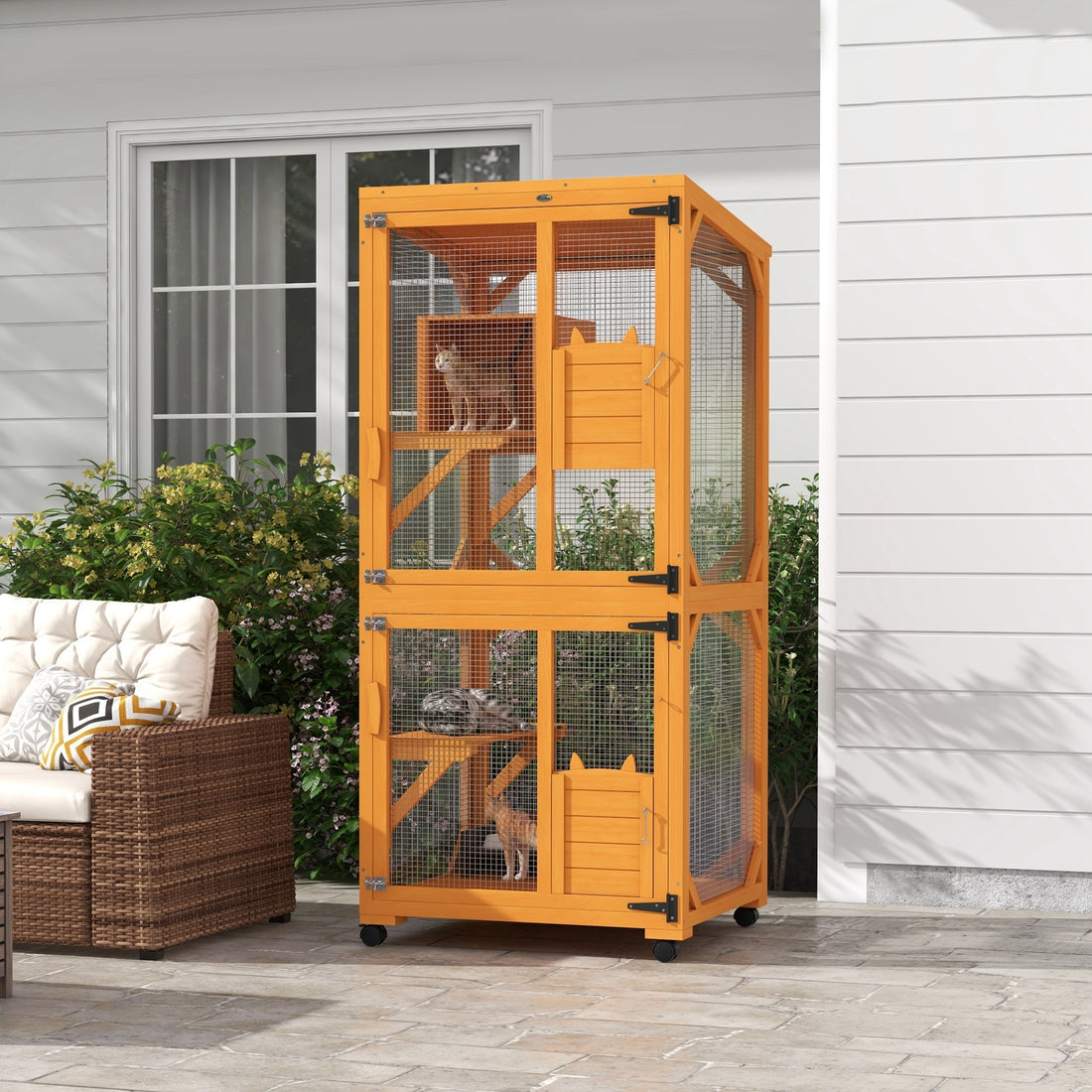 Pawhut Large Cat House With High Up Resting Box, 71" Wooden Catio With Asphalt Roof, Indoor & Outdoor Cat Enclosure On Wheels, For 1 3 Cats, Orange Orange Wood