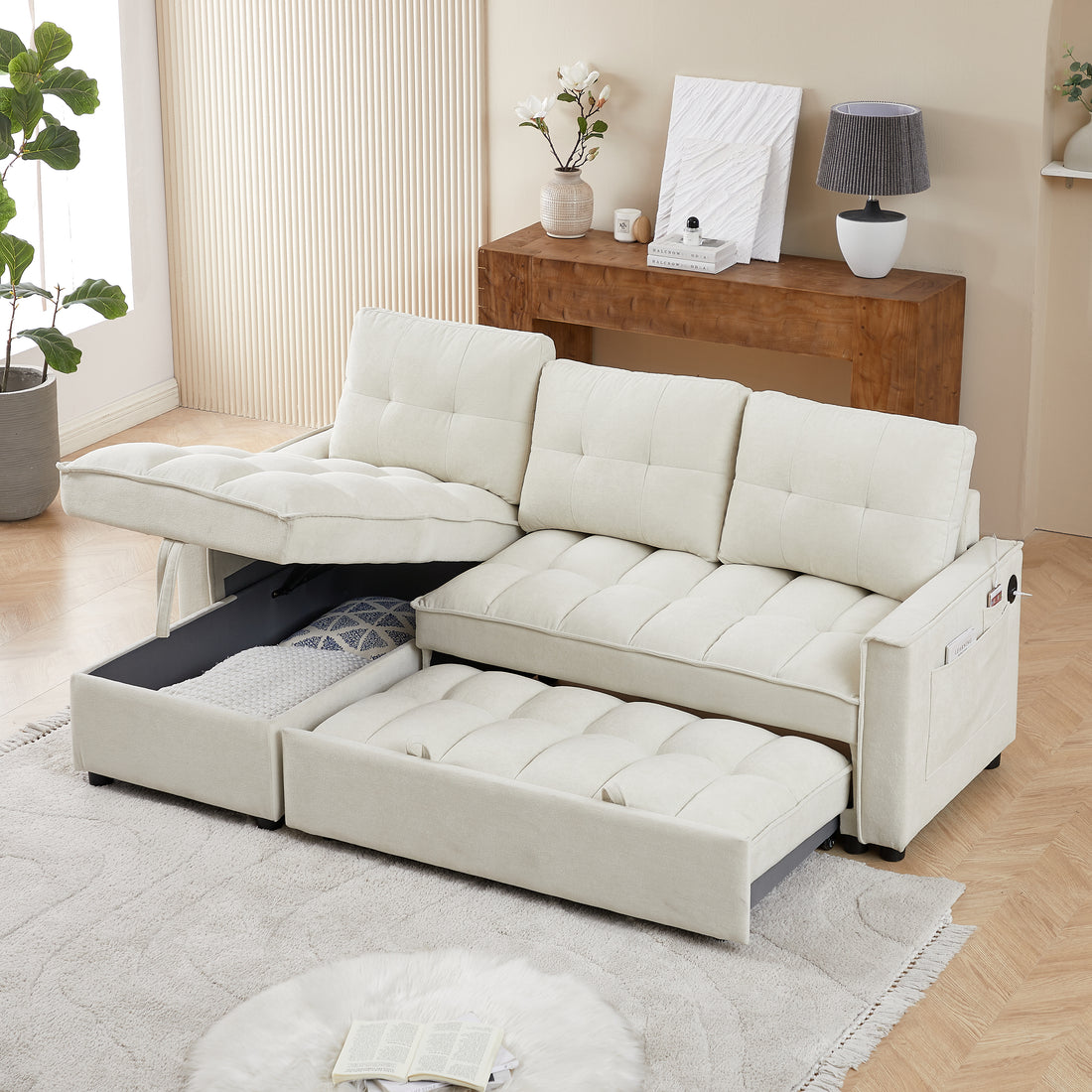 Mh 78.75" Reclining Sofa, Pull Out Sofa Bed With Usb And Tape C Charging Ports, L Shaped Sectional Sofa With Reclining Storage And Arm Side Organizer Pocket Features, Living Room Comfort Sofa Beige