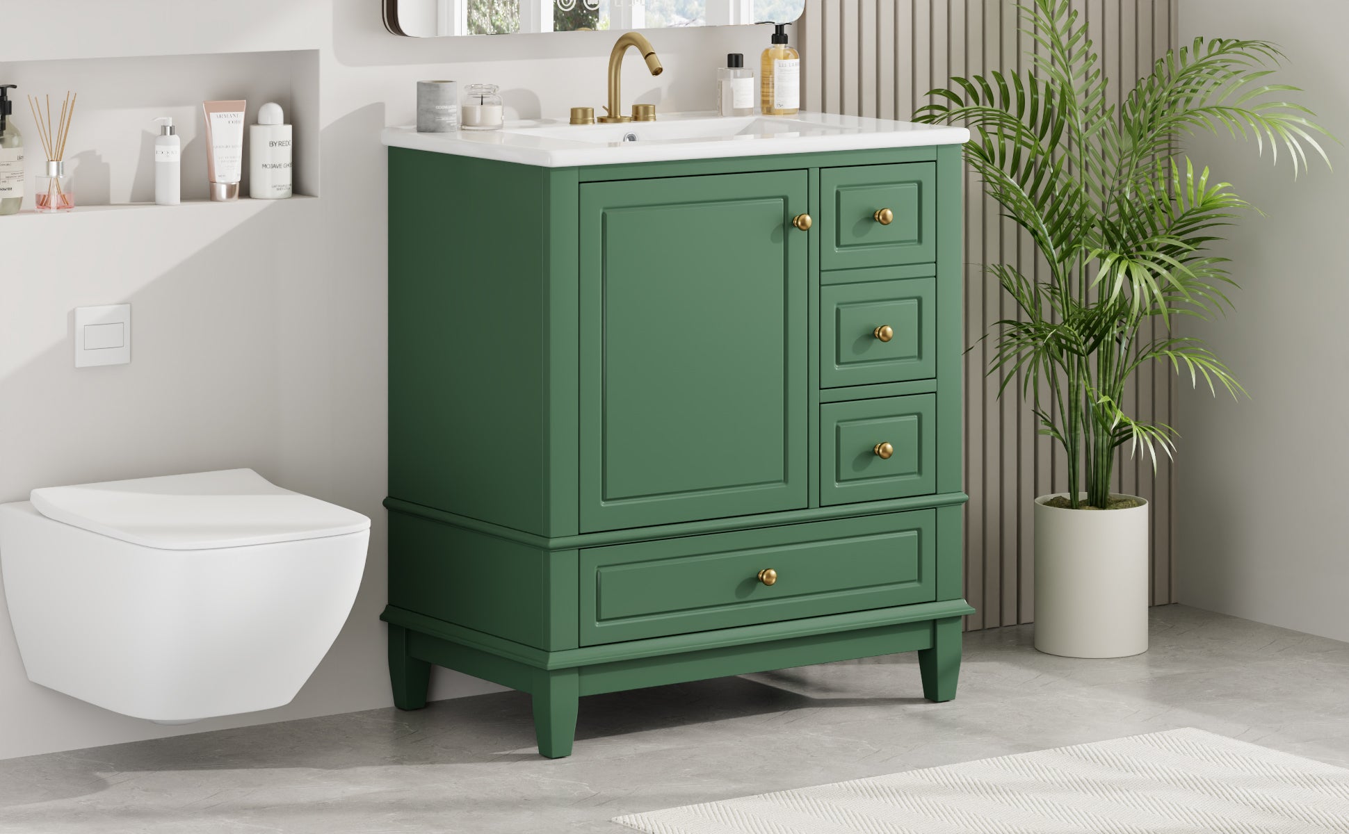 30" Bathroom Vanity With Sink, One Door With Shelf And Three Drawers, Soft Close Door, Green Green Ceramic Mdf,Rubber Wood